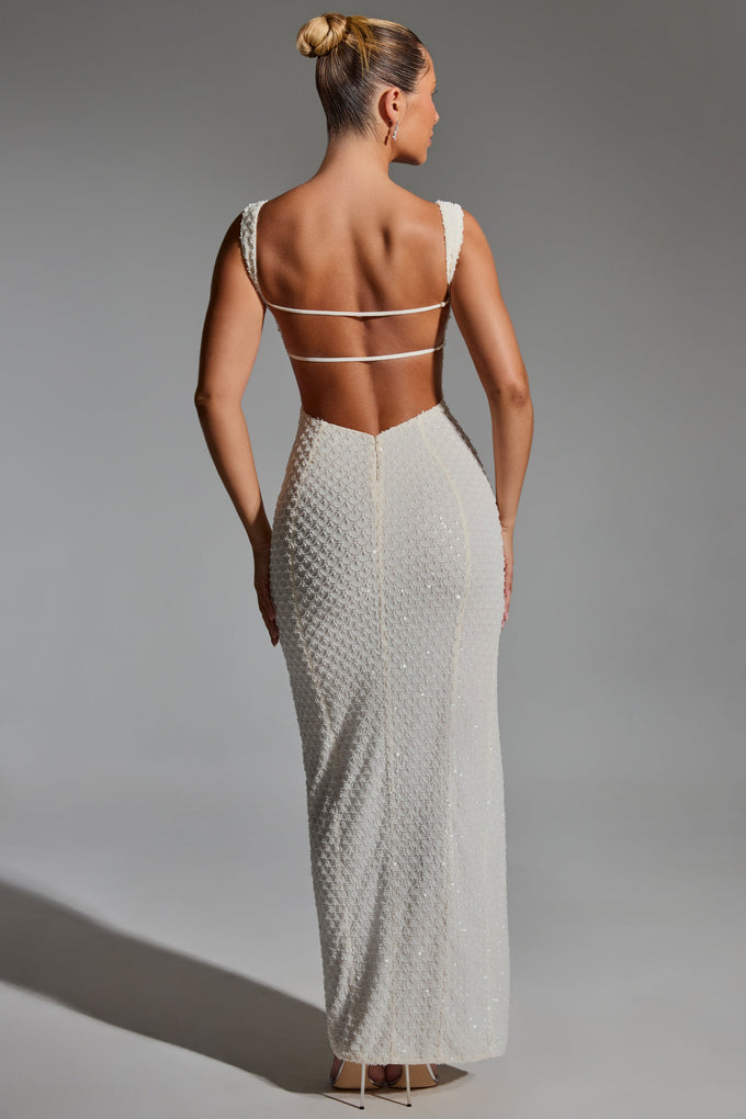 Embellished Open-Back Maxi Dress in White