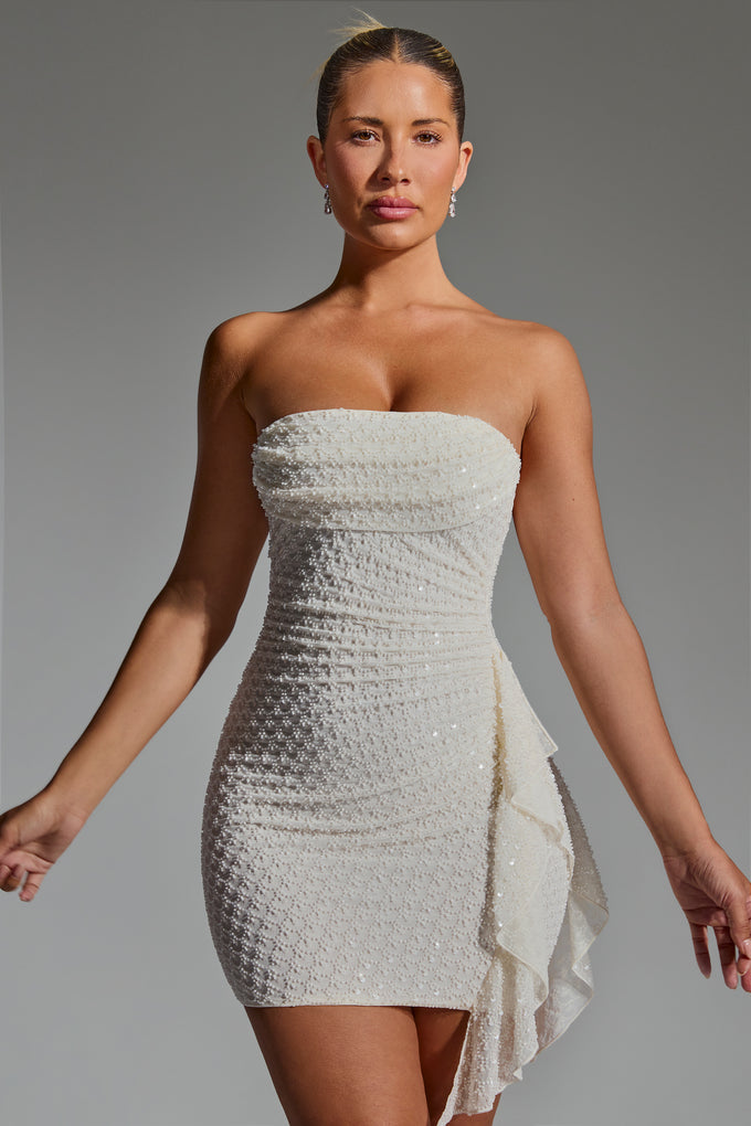 Embellished Ruffled Cowl-Neck Bandeau Mini Dress in White