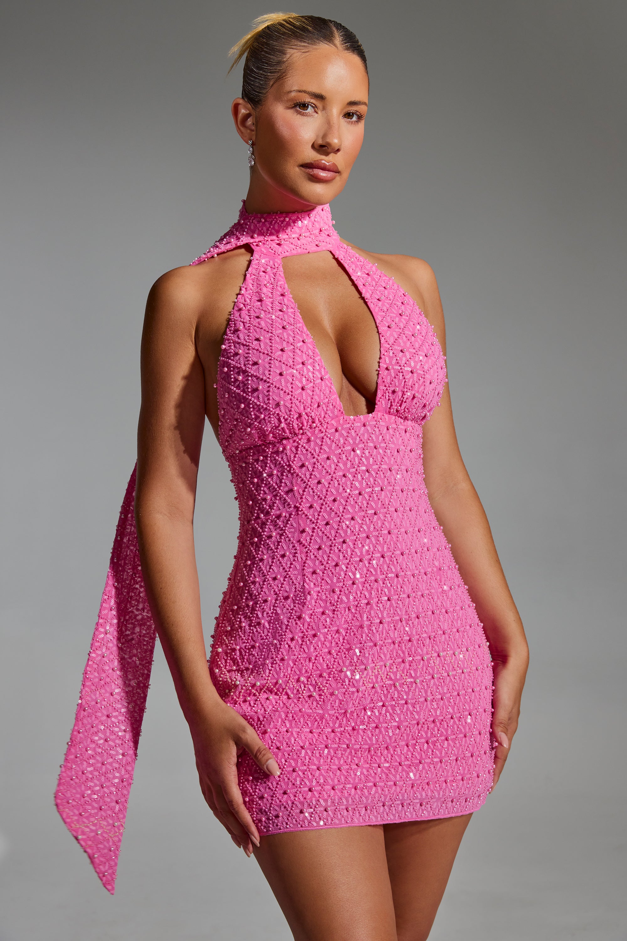 Embellished Scarf-Detail Halterneck Mini Dress in Hot Pink