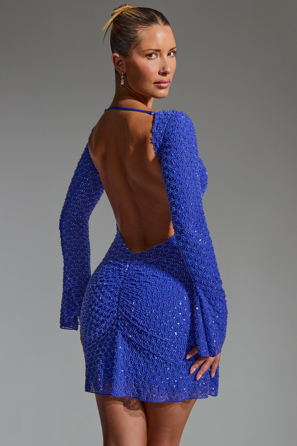 Embellished Open-Back A-Line Mini Dress in Cobalt Blue