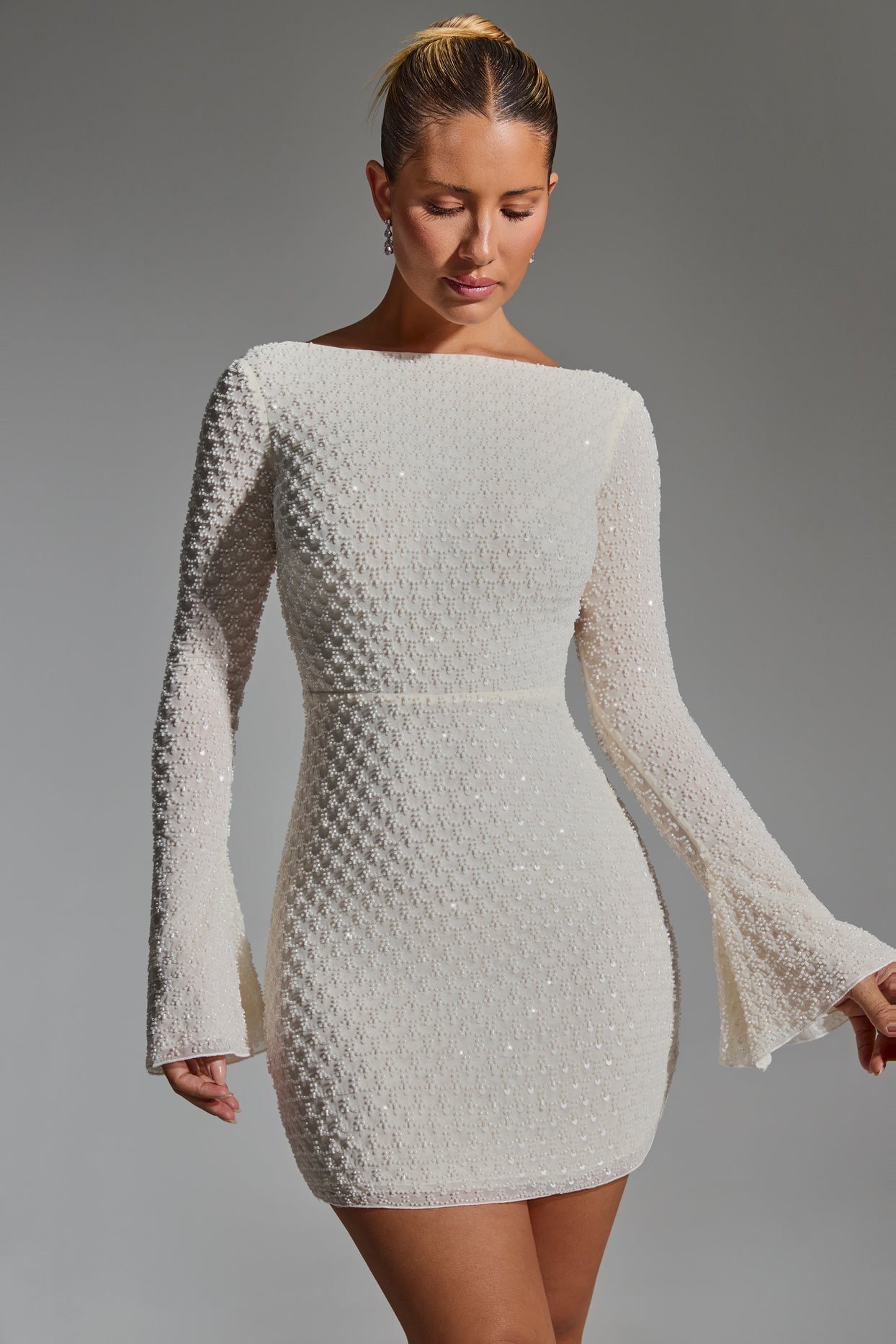 Embellished Open-Back A-Line Mini Dress in White