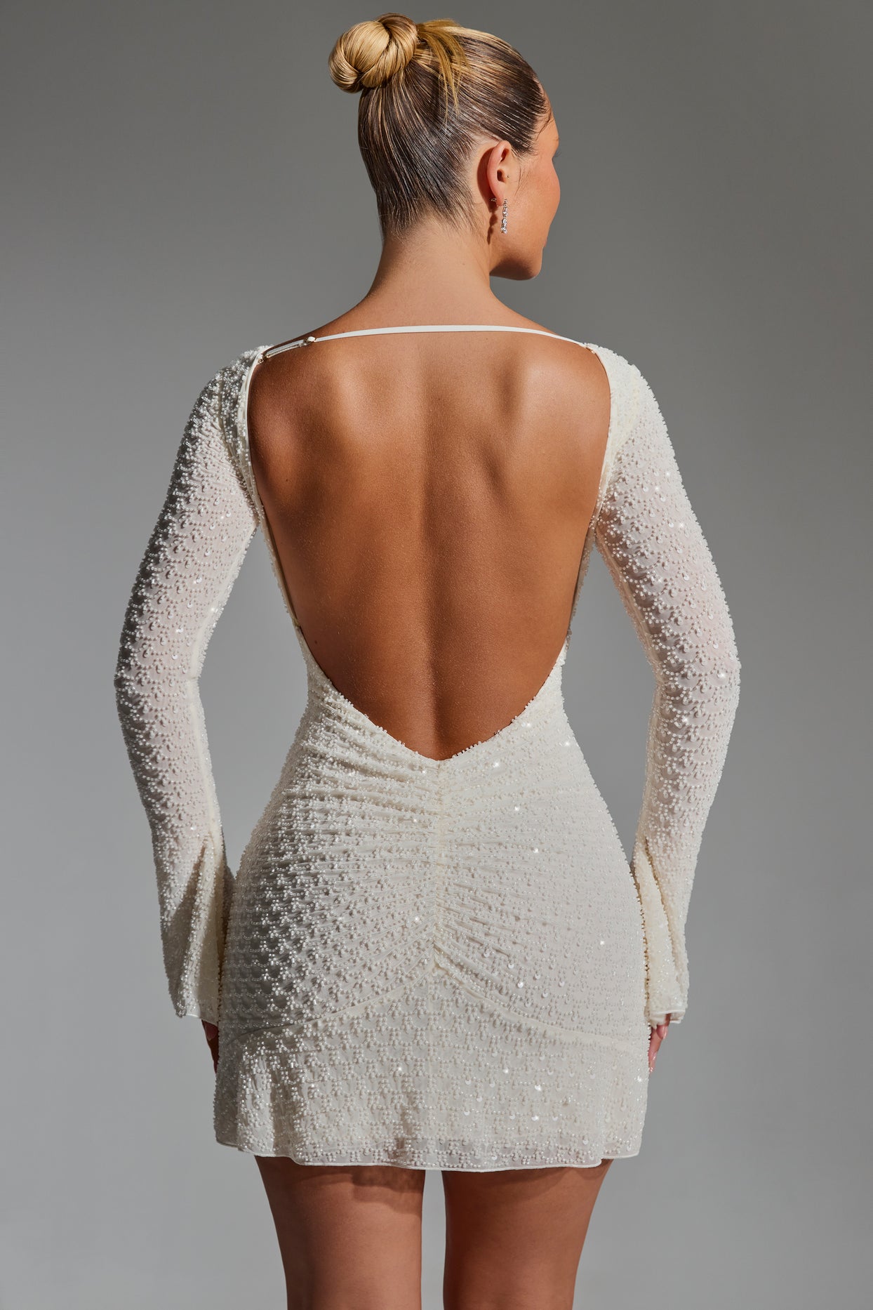 Embellished Open-Back A-Line Mini Dress in White