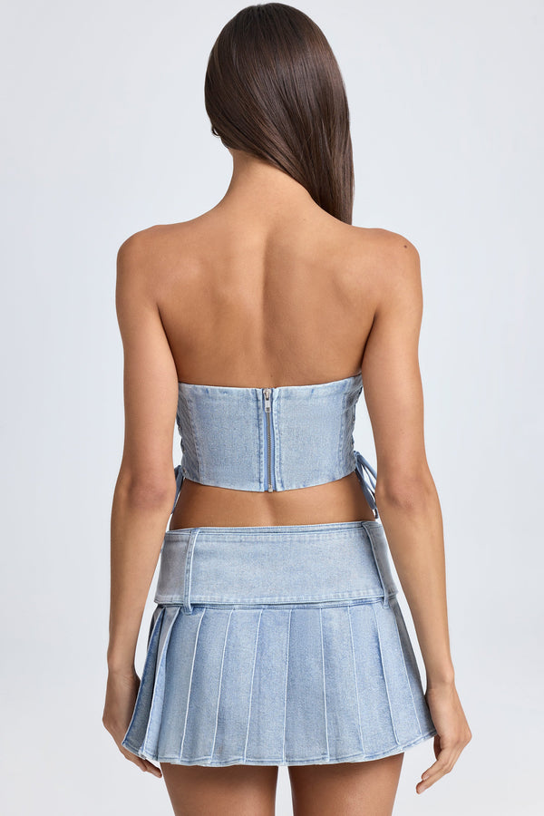 Belted Pleated Low-Rise Micro Mini Skirt in Light Blue Stonewash - 2