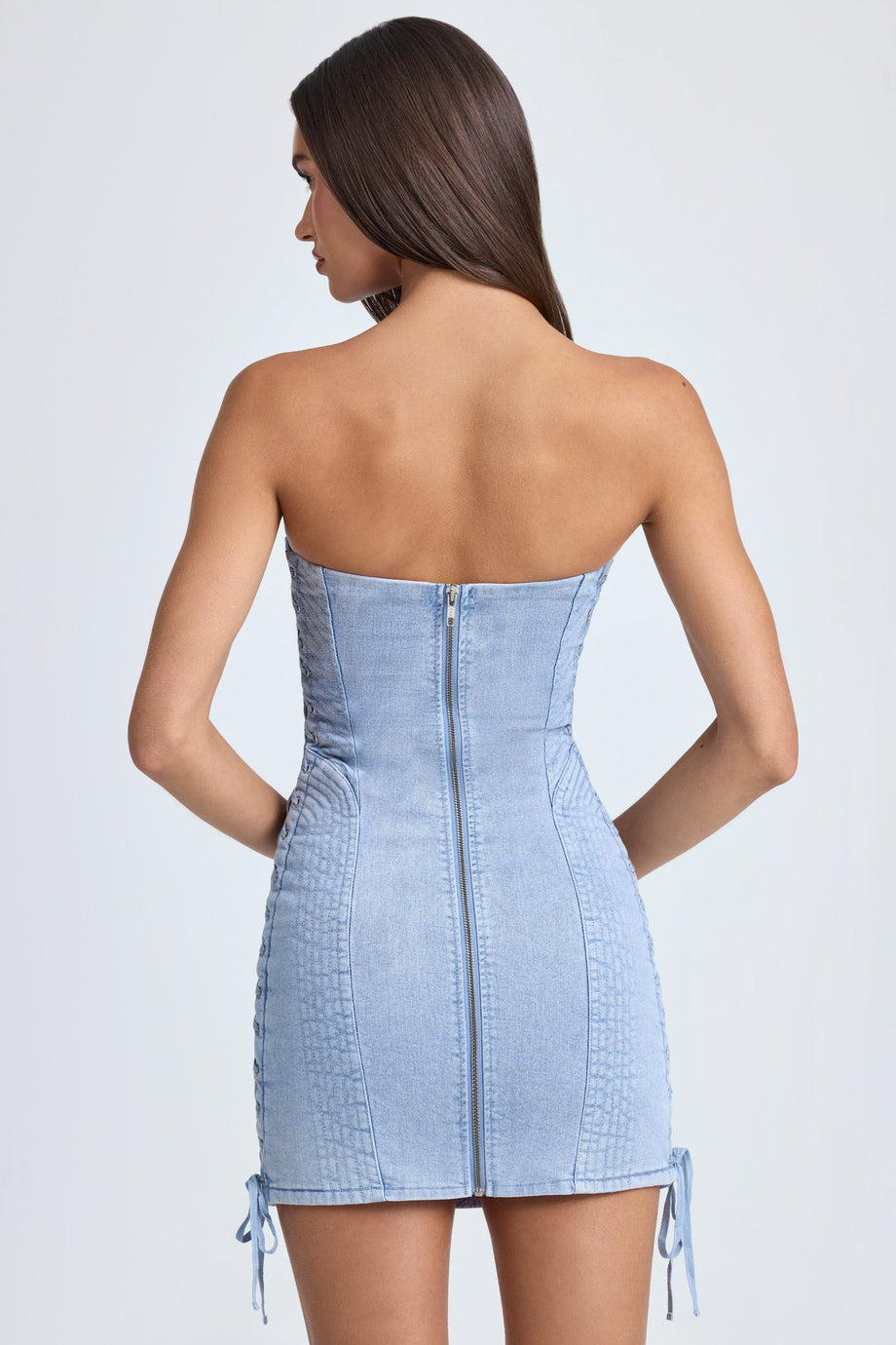 Bandeau Lace-Up Mini Dress in Light Blue Stonewash