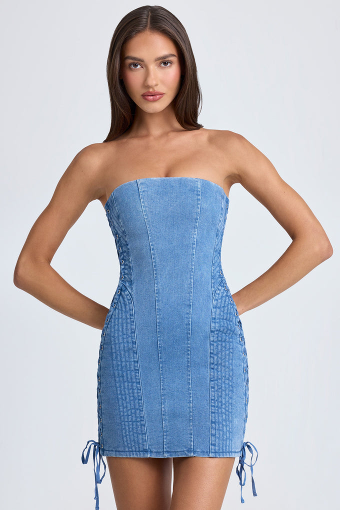 Bandeau Lace-Up Mini Dress in Mid Blue Stonewash