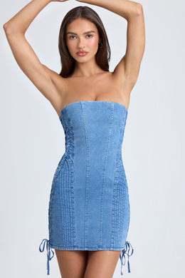 Bandeau Lace-Up Mini Dress in Mid Blue Stonewash