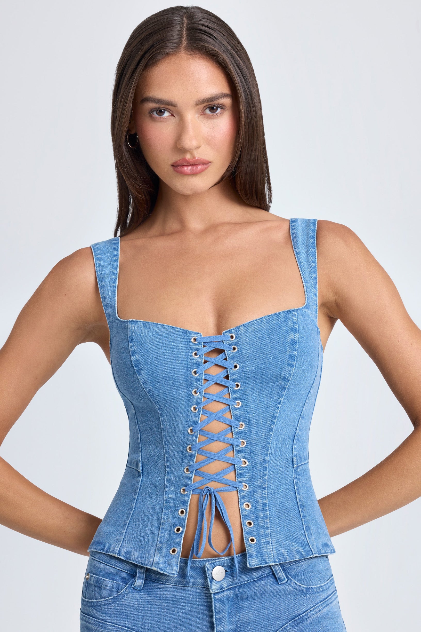 Lace-Up Corset Top in Mid Blue Stonewash - 1