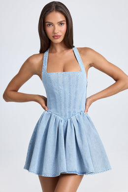 Halterneck Corset Micro Mini Dress in Light Blue Stonewash