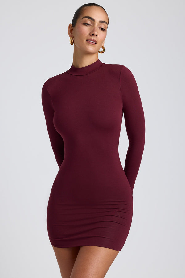 Modal Open-Back Long-Sleeve Mini Dress in Plum - 2
