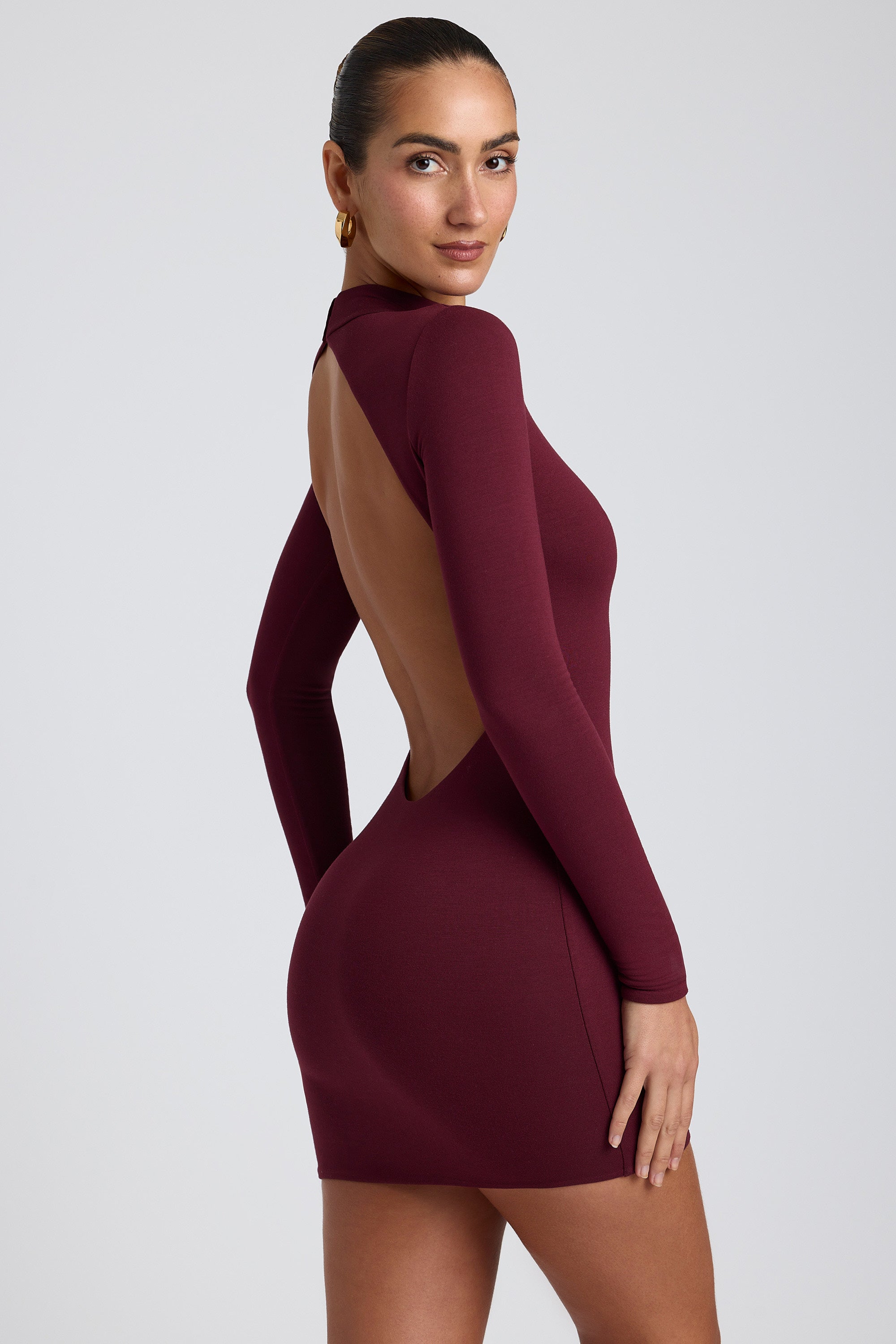 Modal Open-Back Long-Sleeve Mini Dress in Plum