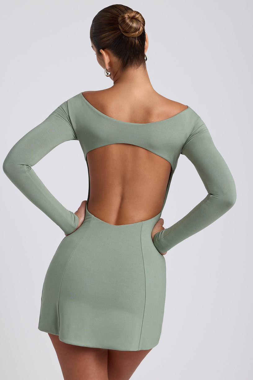 Modal Twist-Front Long-Sleeve Mini Dress in Sage Green - 2