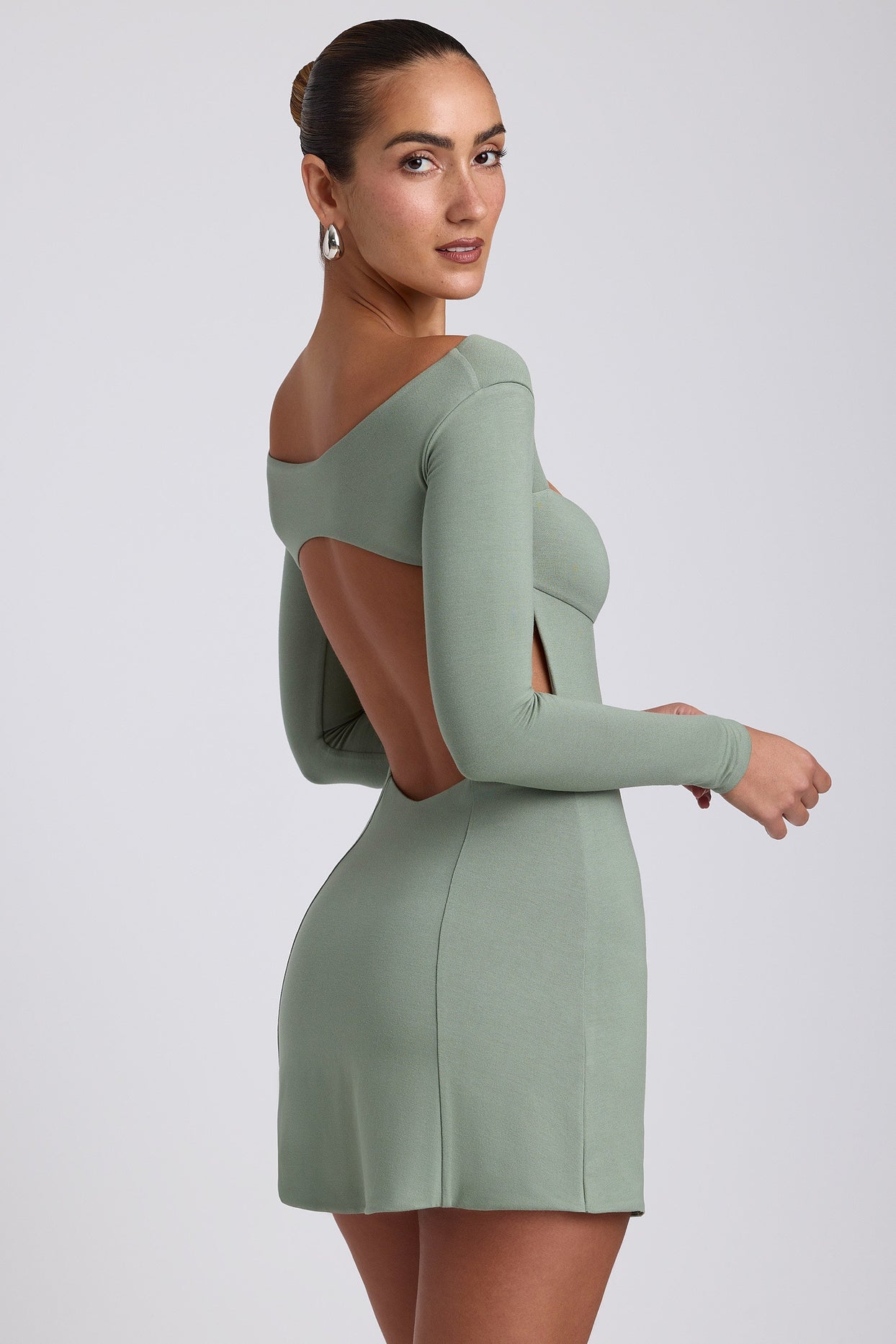 Sarla Twist-Front Long-Sleeve Mini Dress in Sage Green