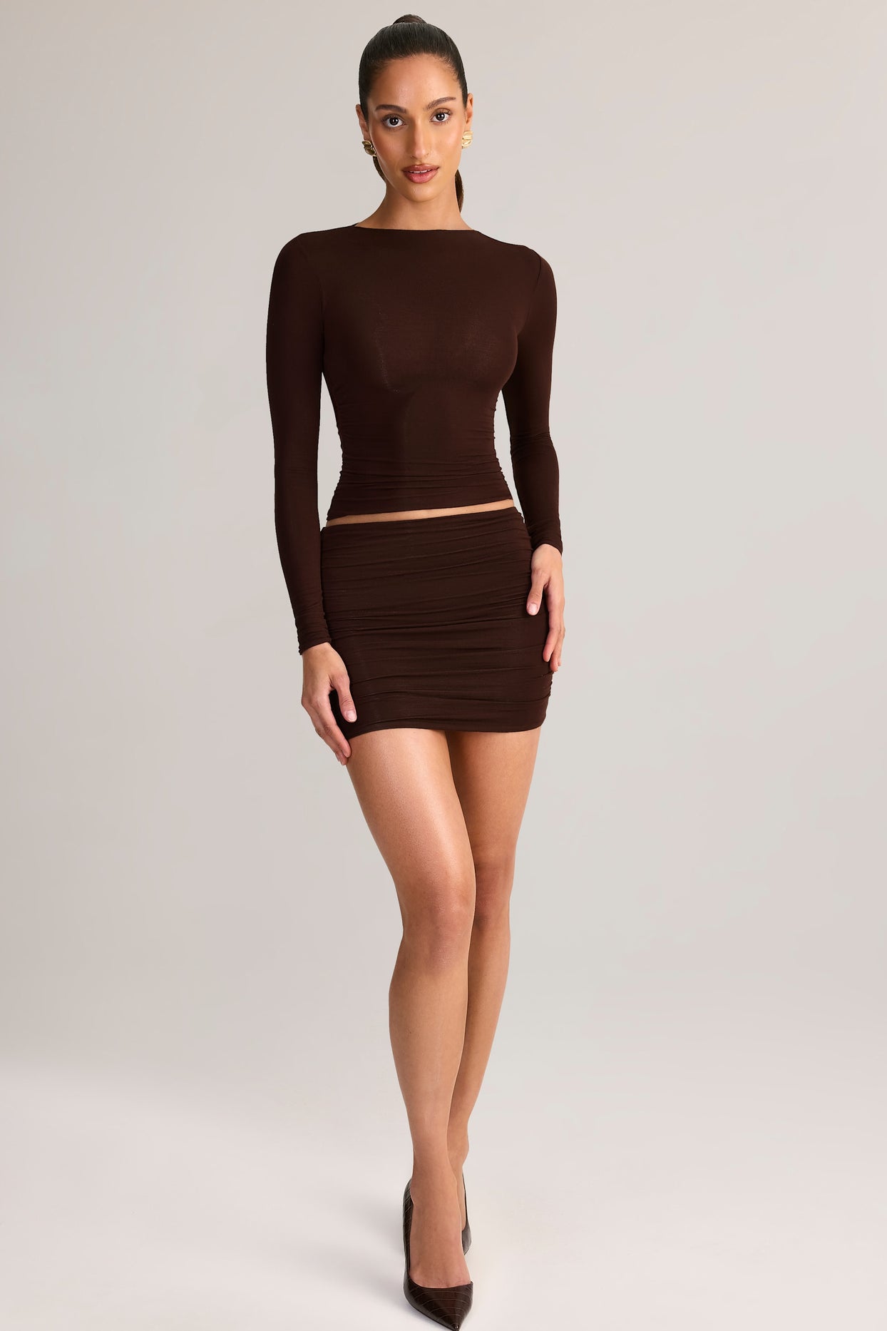 Modal Ruched Mid-Rise Mini Skirt in Chocolate Brown - 5