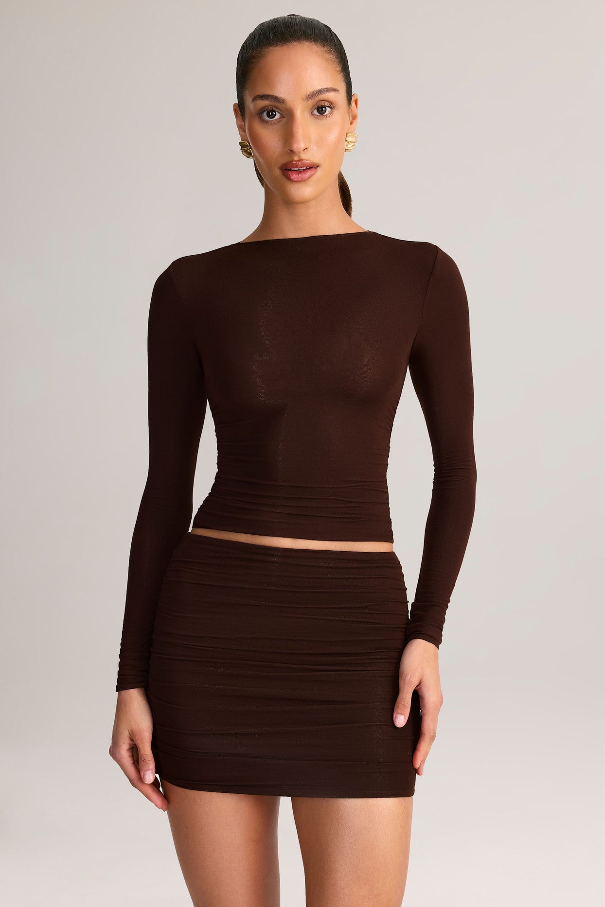 Modal Ruched Mid-Rise Mini Skirt in Chocolate Brown - 6