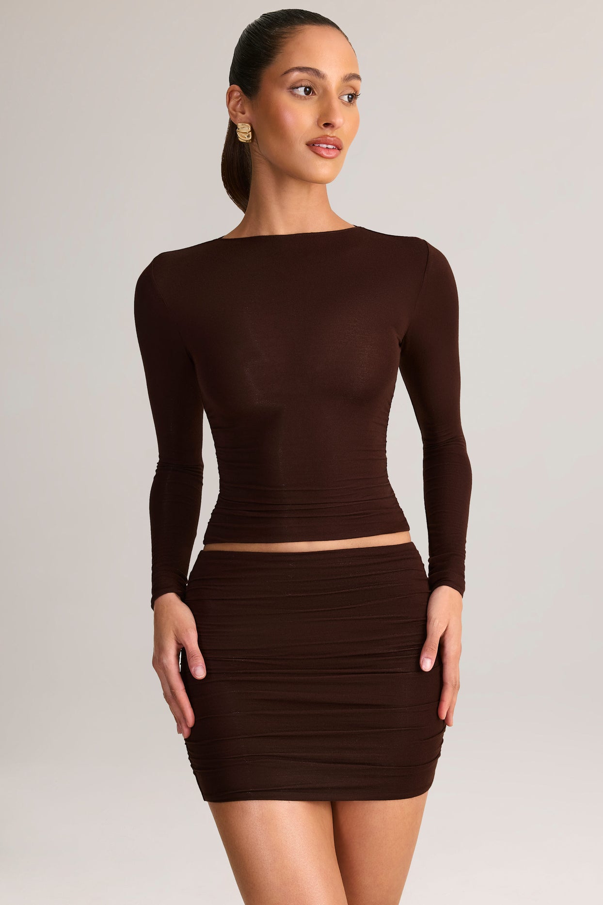 Modal Ruched Mid-Rise Mini Skirt in Chocolate Brown - 7