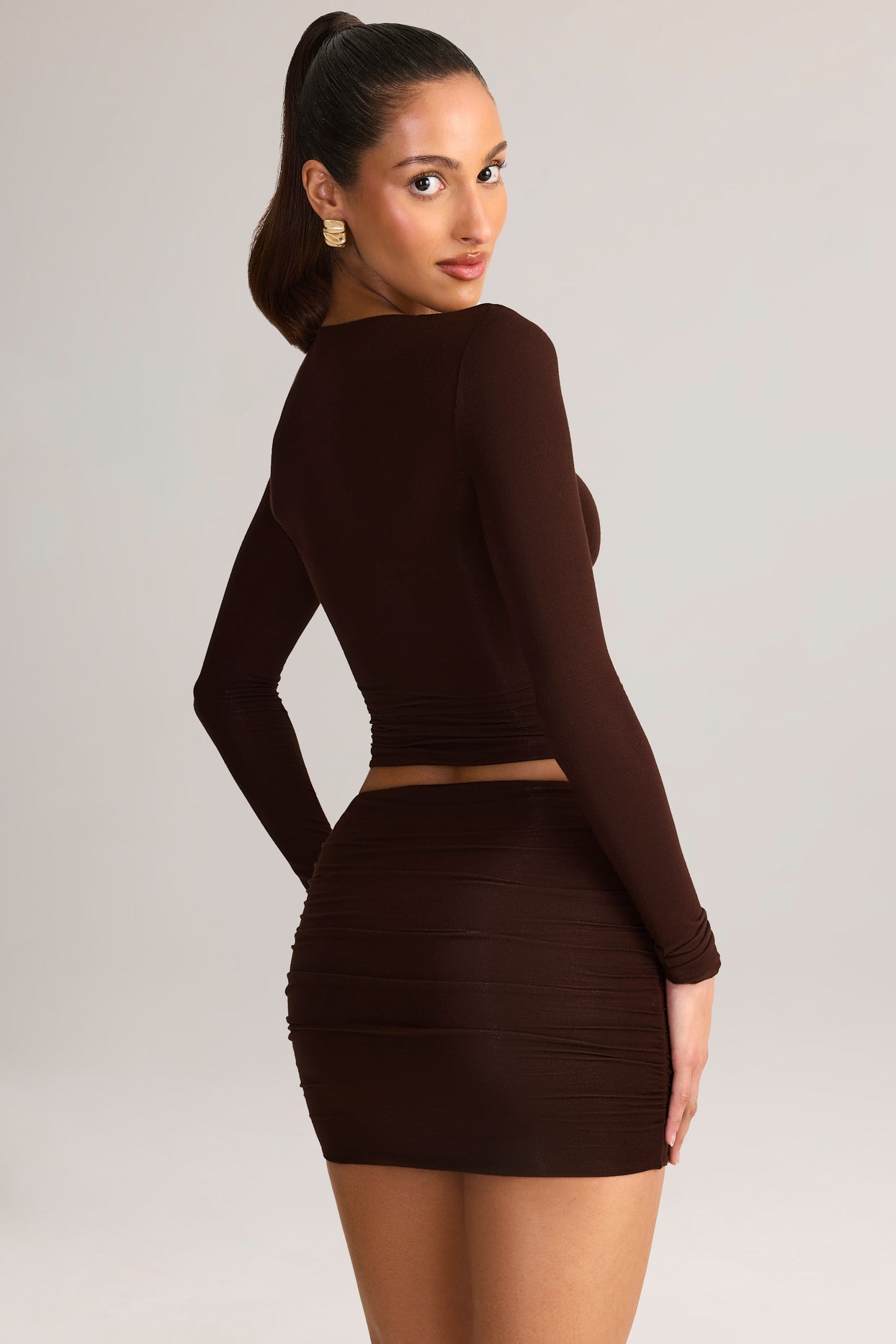 Modal Ruched Mid-Rise Mini Skirt in Chocolate Brown - 8