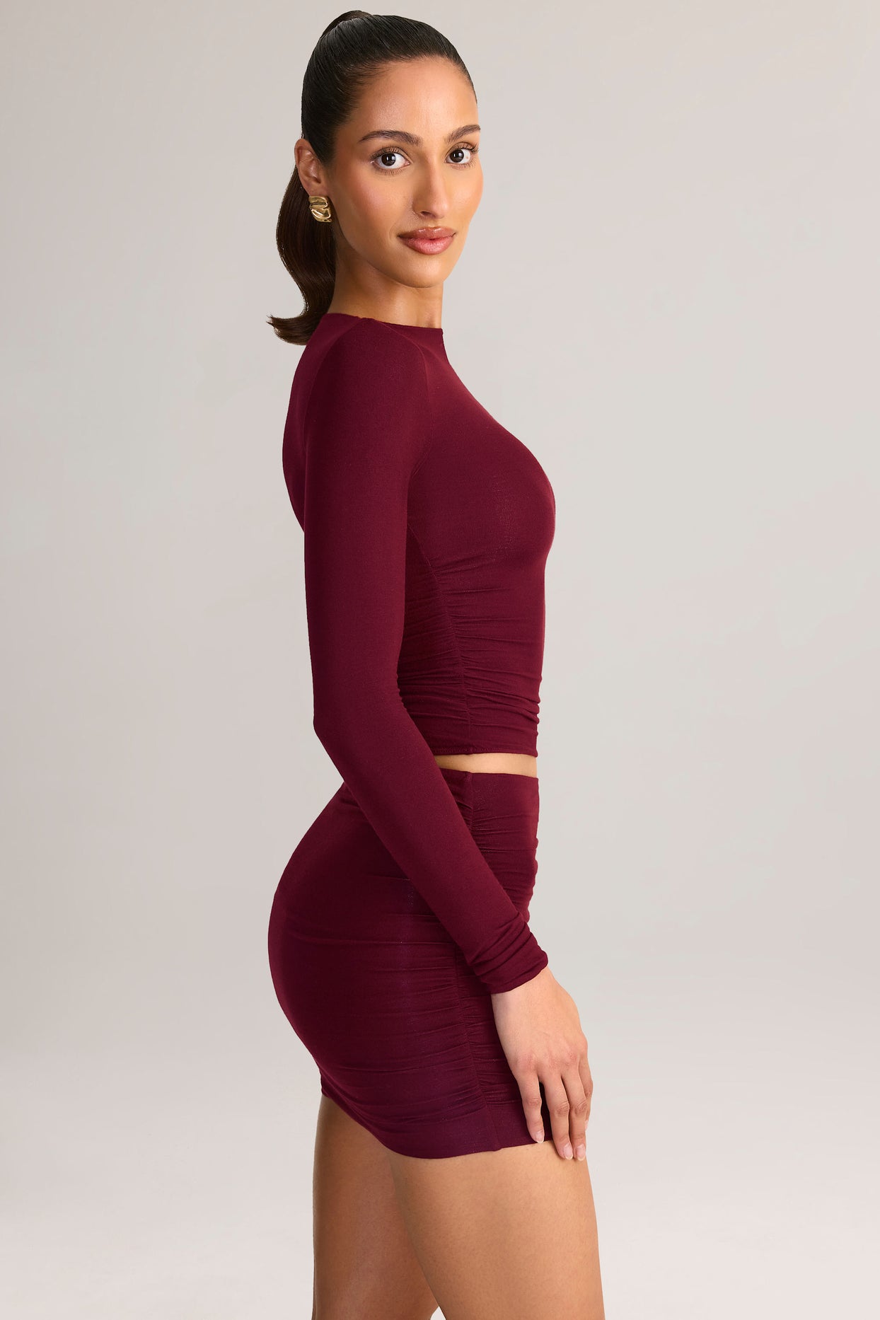 Modal Ruched Mid-Rise Mini Skirt in Wine Red - 3