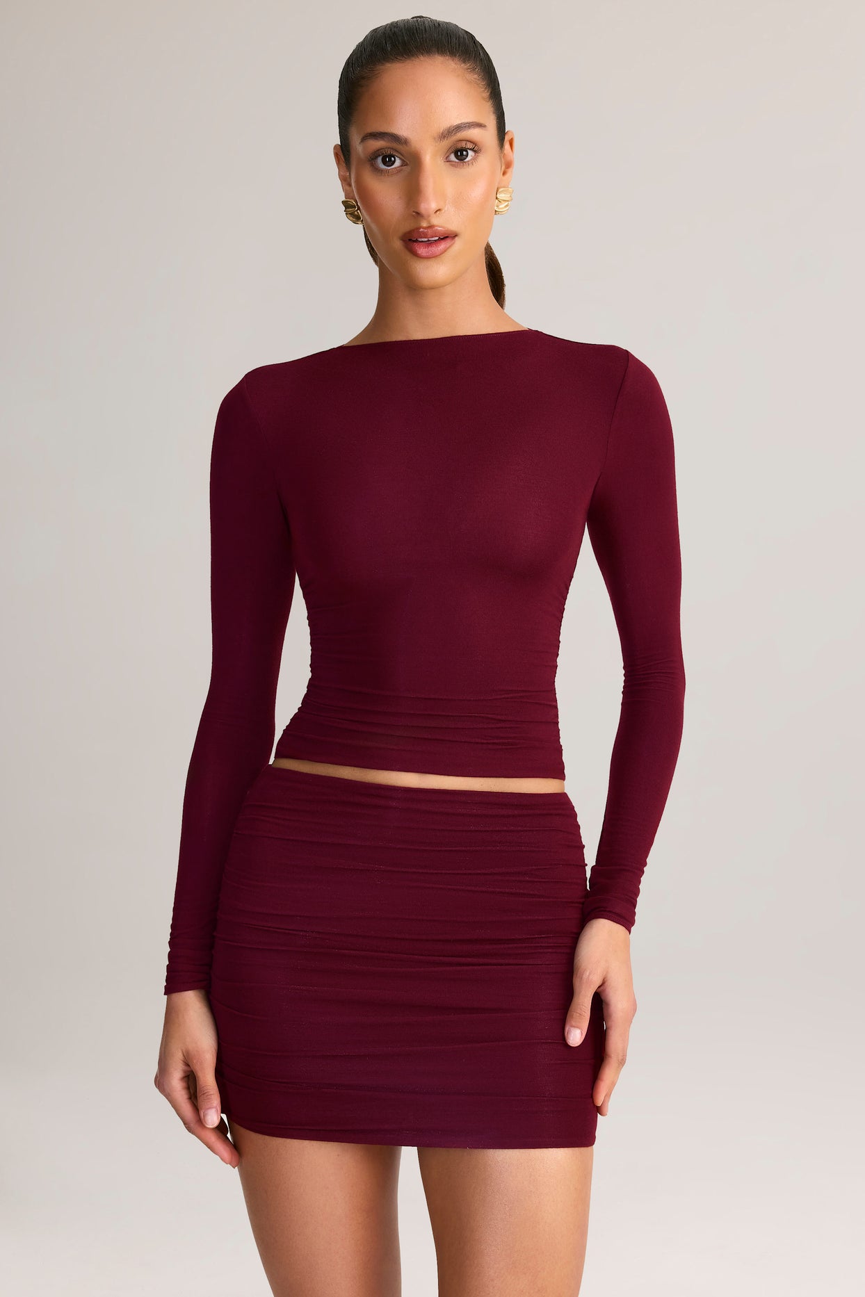 Modal Ruched Mid-Rise Mini Skirt in Wine Red - 5