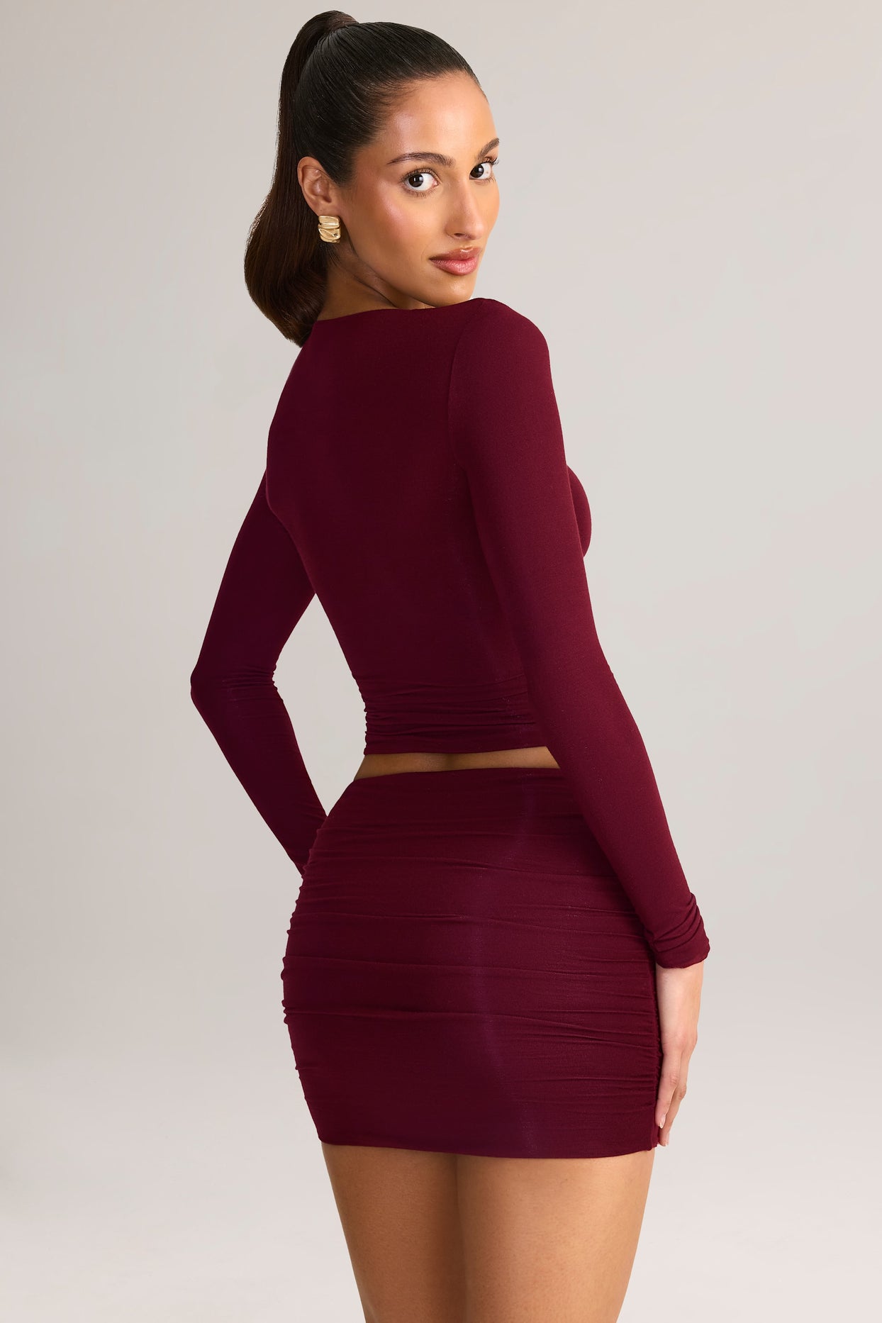 Modal Ruched Mid-Rise Mini Skirt in Wine Red - 8