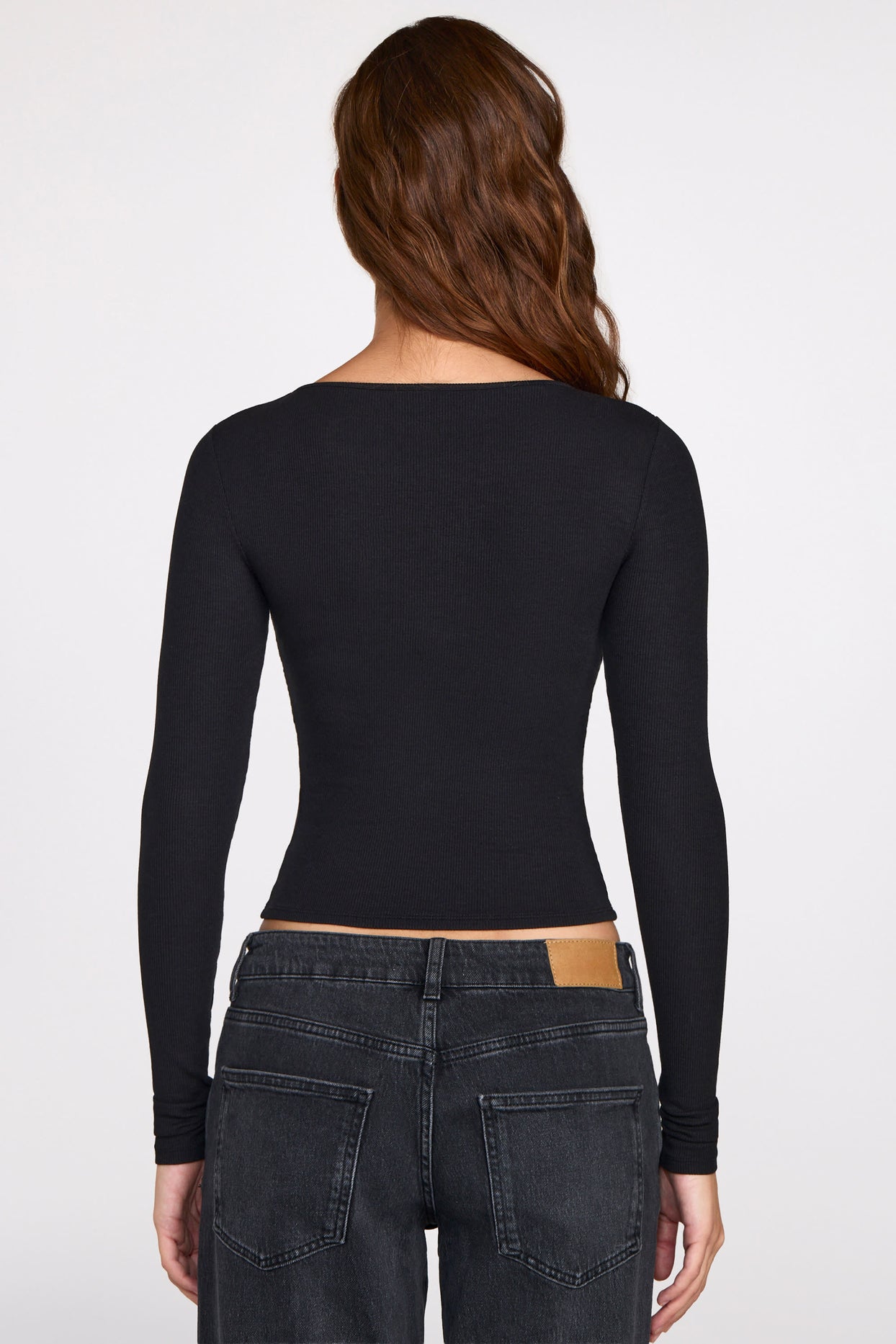Ribbed Modal Ruched Long-Sleeve Top in Black - 3