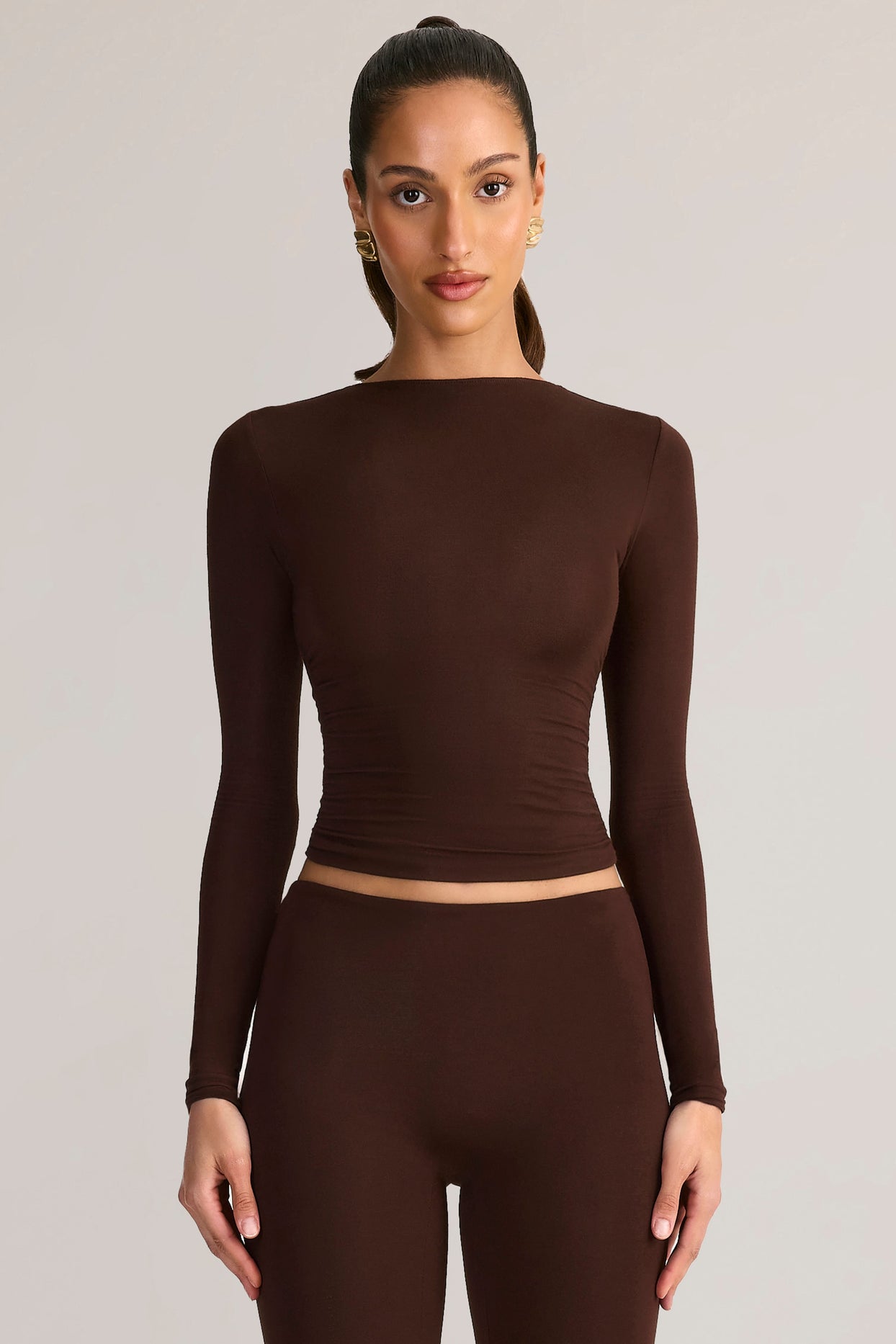 Modal Ruched Long-Sleeve Top in Chocolate Brown - 1