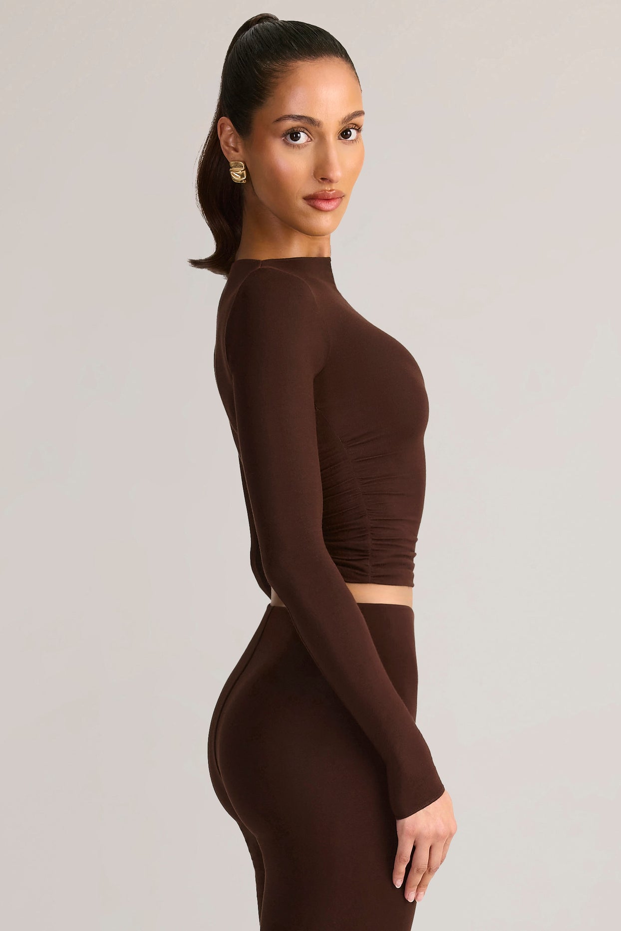 Modal Ruched Long-Sleeve Top in Chocolate Brown - 3