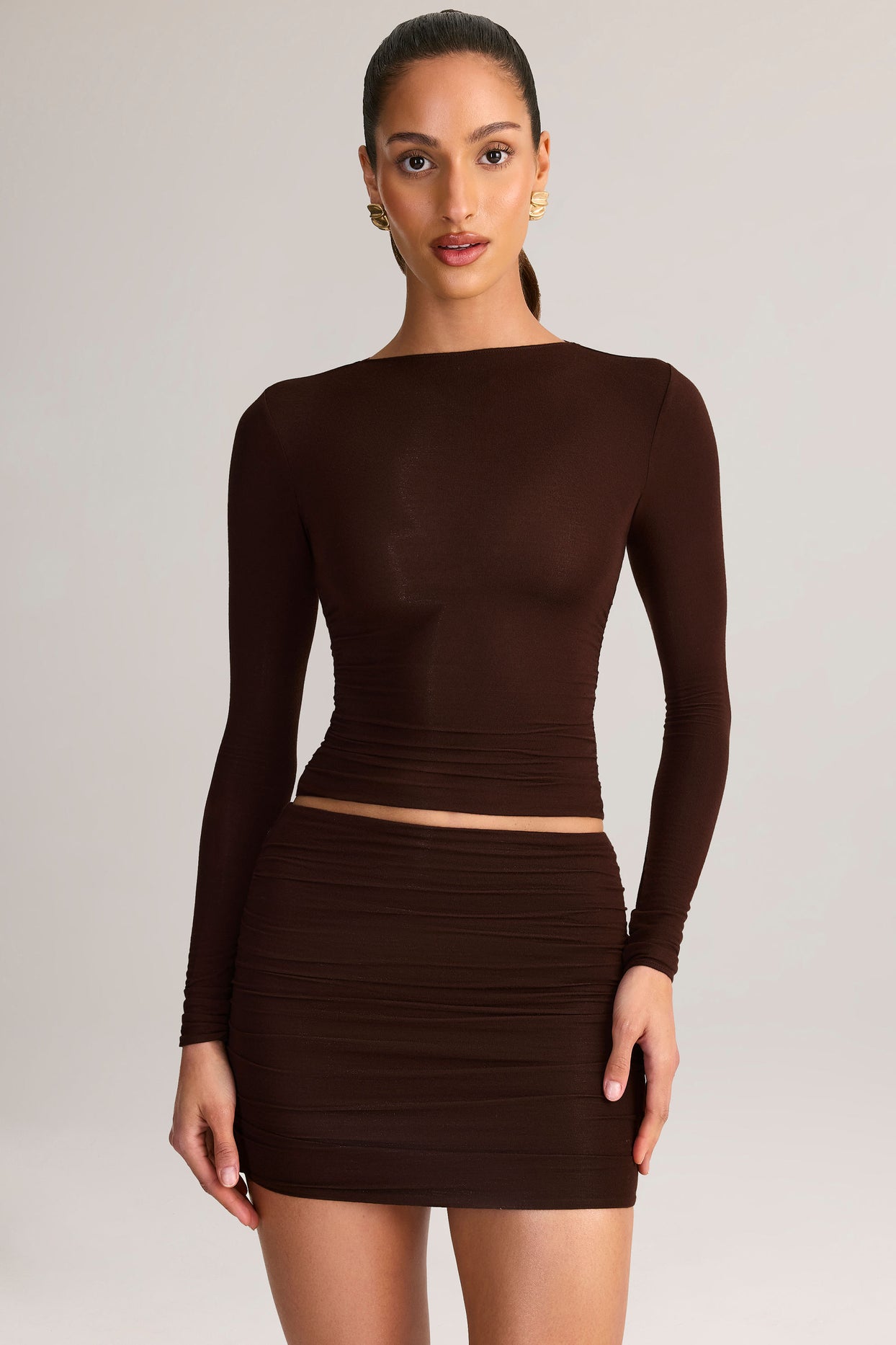 Modal Ruched Long-Sleeve Top in Chocolate Brown - 5