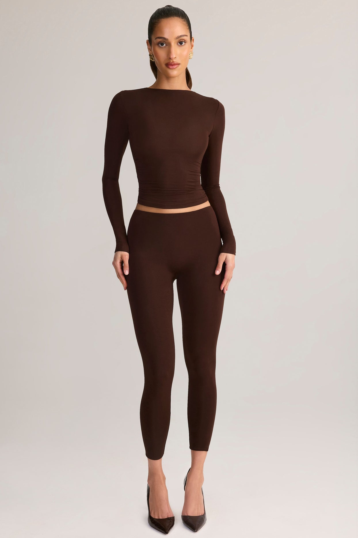 Modal Ruched Long-Sleeve Top in Chocolate Brown - 6
