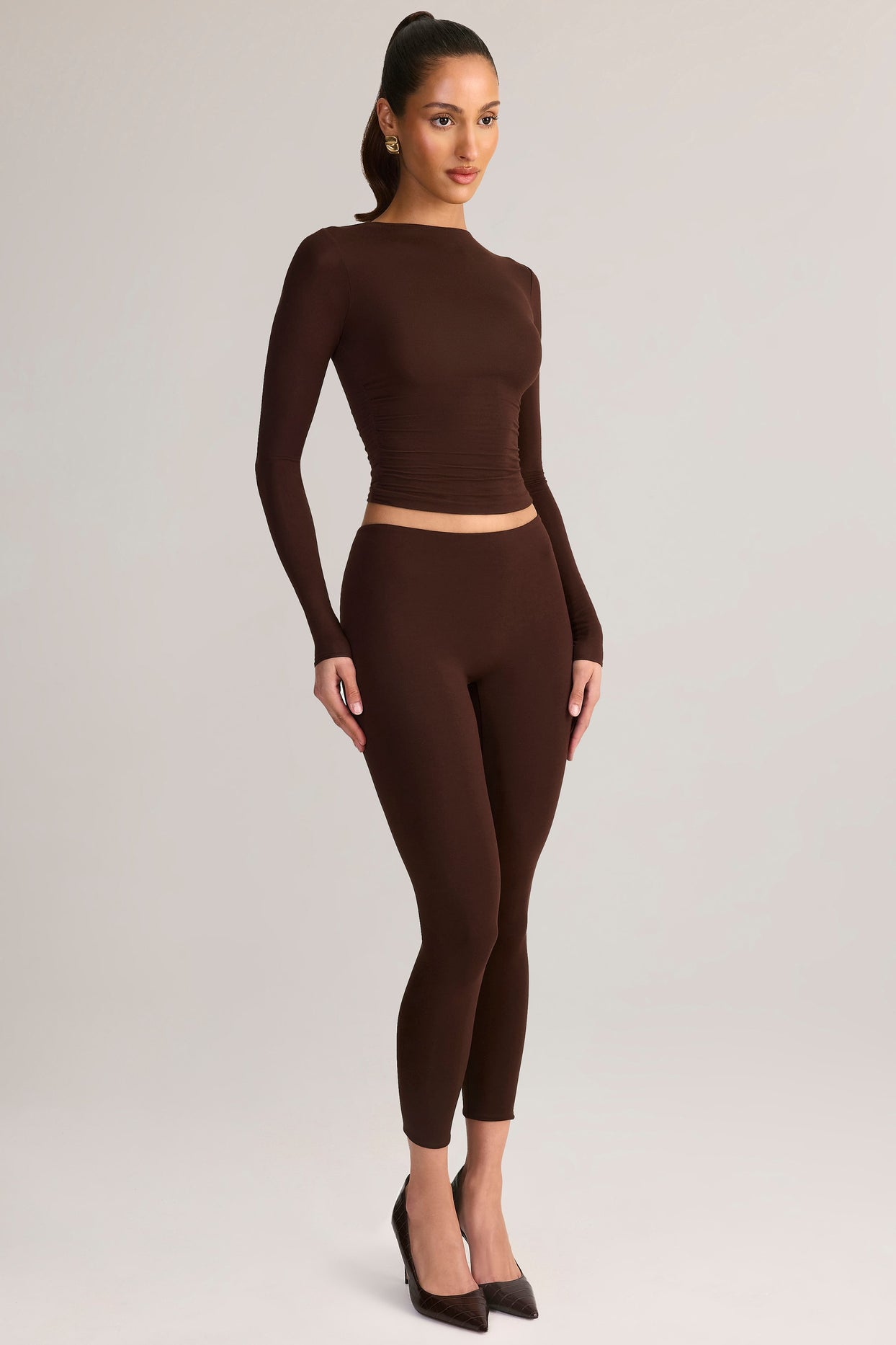Modal Ruched Long-Sleeve Top in Chocolate Brown - 7