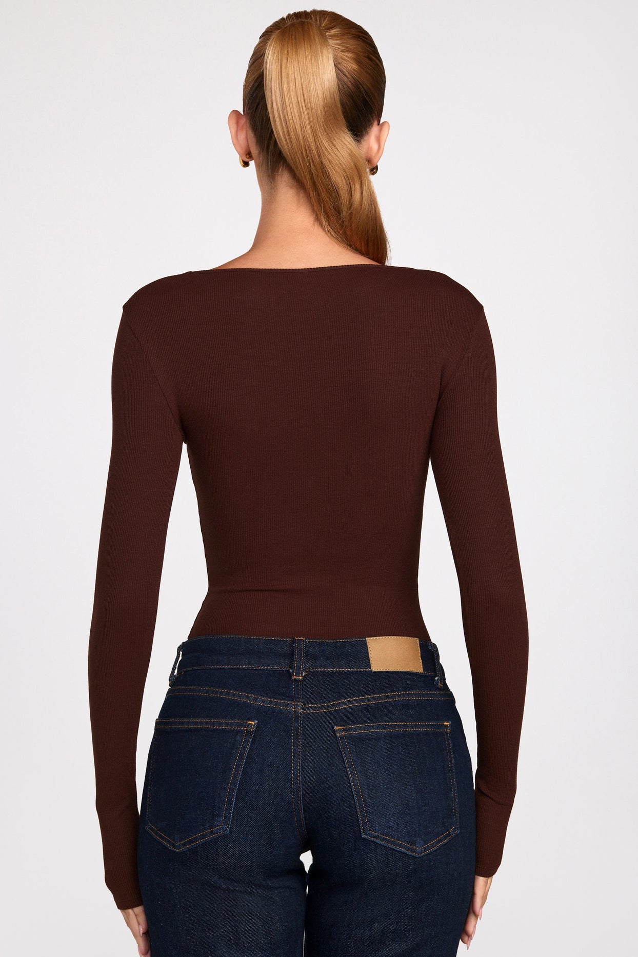 Ribbed Modal Ruched Long-Sleeve Top in Chocolate Brown - 3
