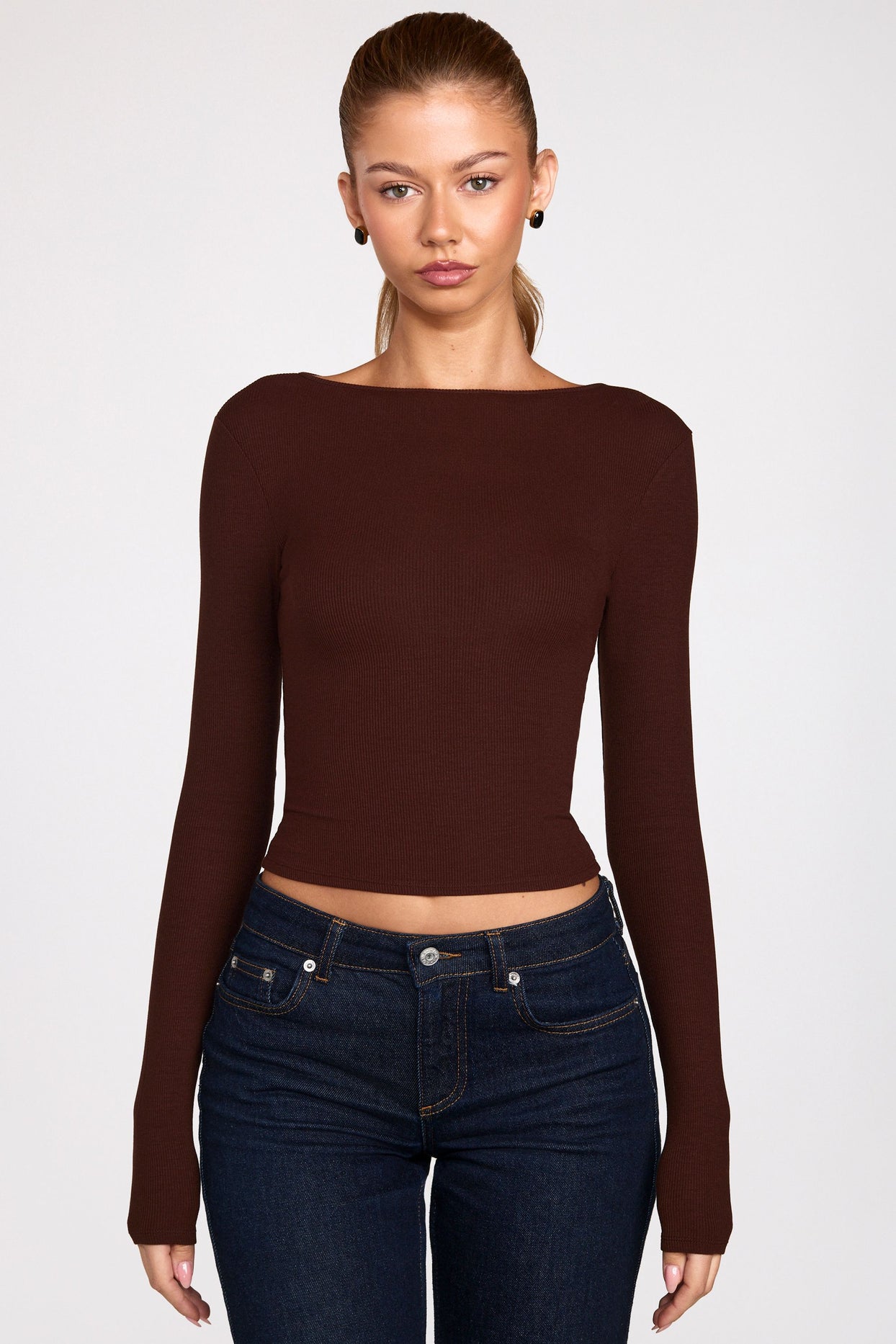 Ribbed Modal Ruched Long-Sleeve Top in Chocolate Brown - 1