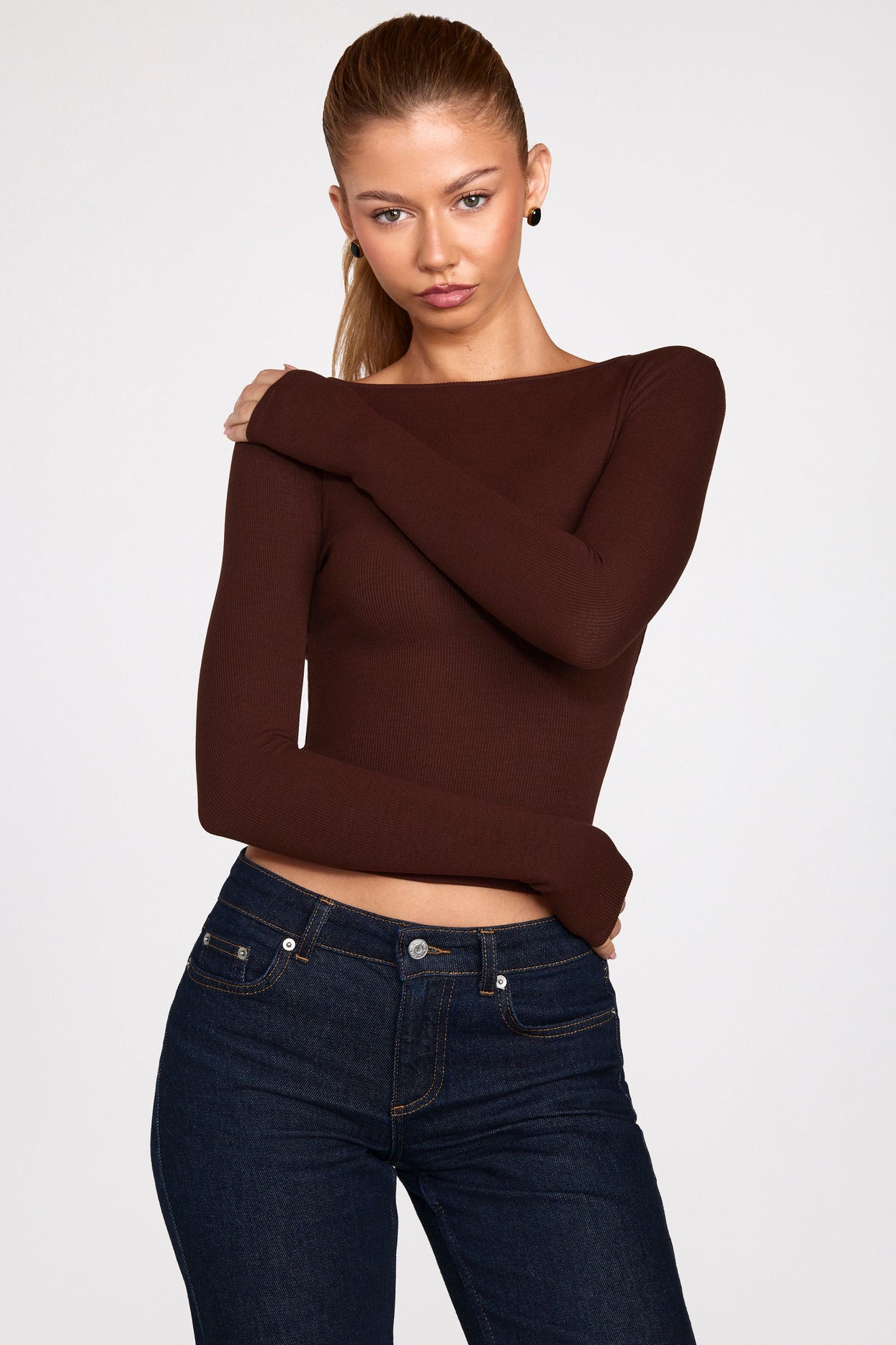 Ribbed Modal Ruched Long-Sleeve Top in Chocolate Brown - 7