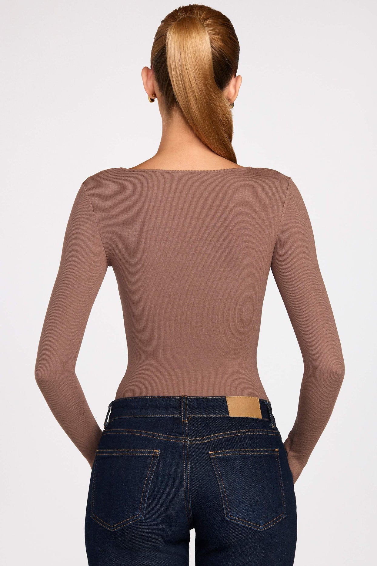 Ribbed Modal Ruched Long-Sleeve Top in Mocha - 3