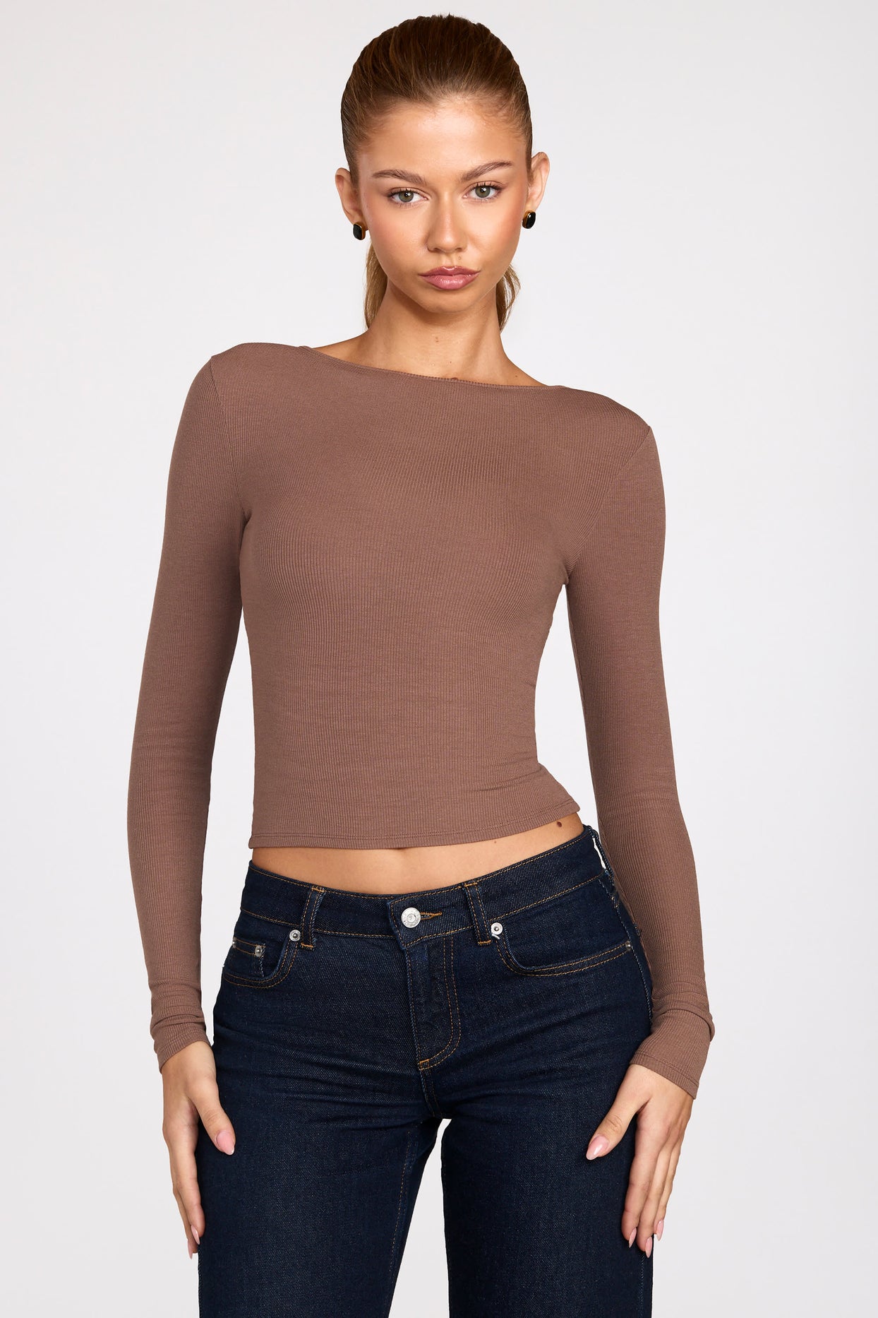 Ribbed Modal Ruched Long-Sleeve Top in Mocha - 5