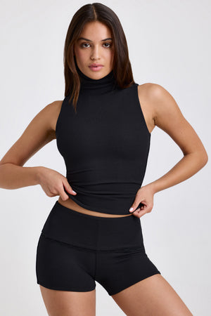 Modal Ribbed Mid-Rise Foldover Shorts in Black