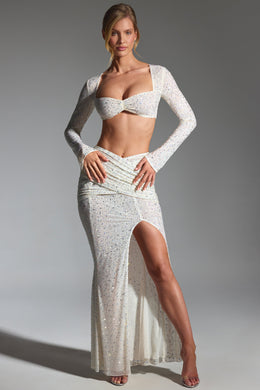 Embellished Ruched Maxi Skirt in White
