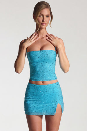 Embellished Mid-Rise Micro Mini Skirt in Aqua Blue