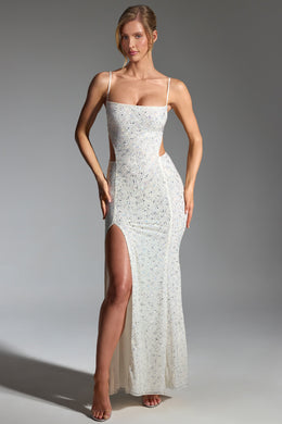 Embellished Cut-Out Fishtail Maxi Dress in White