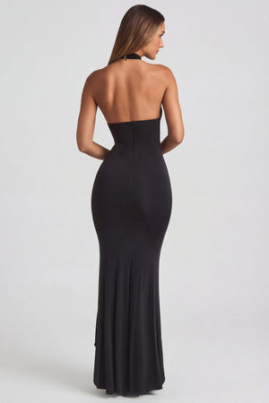 Oh Polly's Sienna wearing the Apolline Gown Length Dress in Black Sheer Jersey fabric perfect for elegant evening events