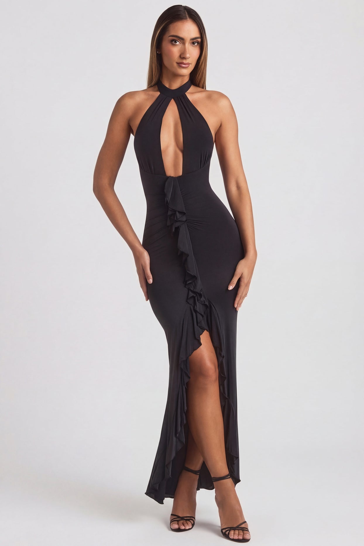 Ruffle-Trim Halterneck Gown in Black - 6
