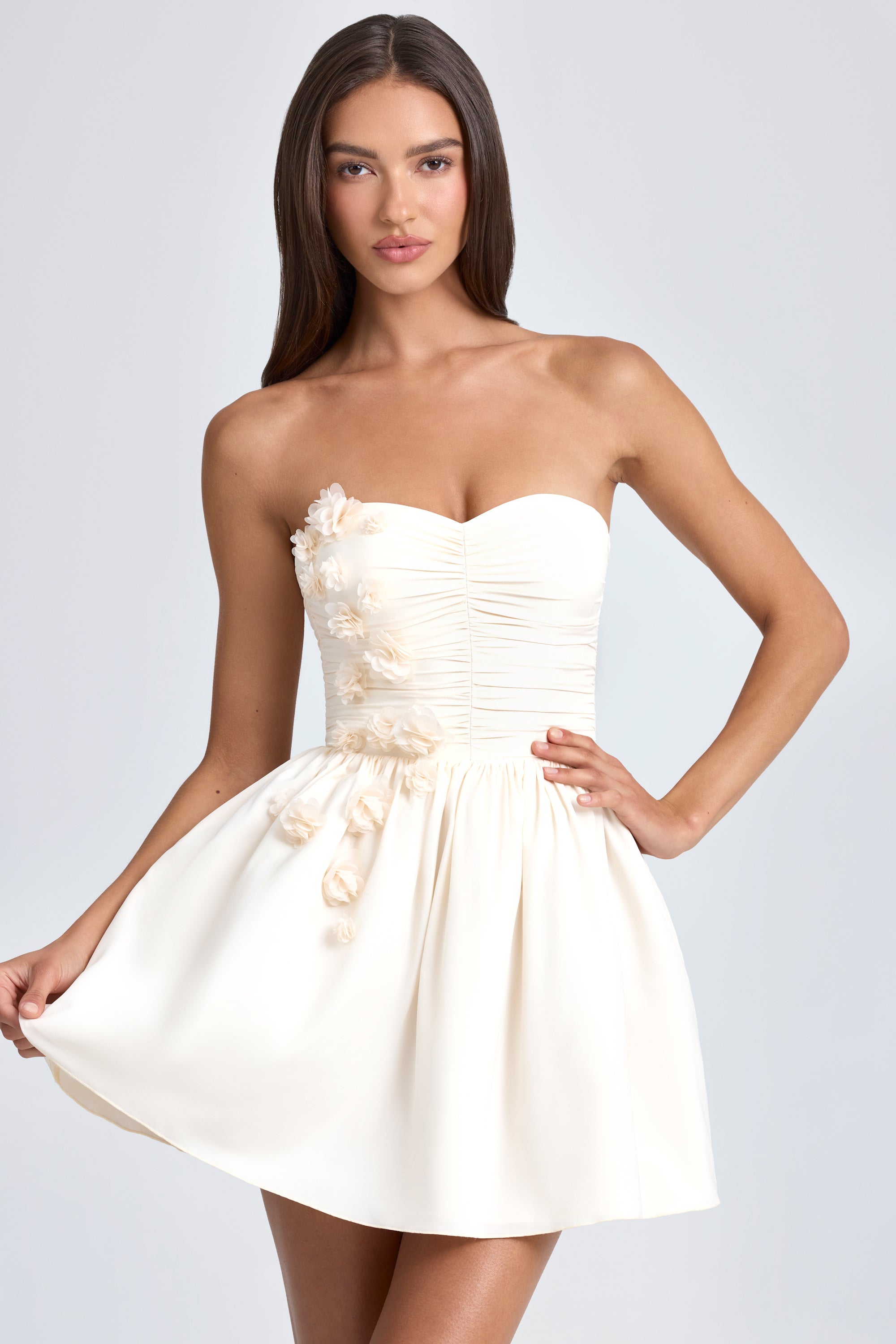 fabiola lace up dress Lace-Up Bubble Hem Corset Mini Dress in Ivory