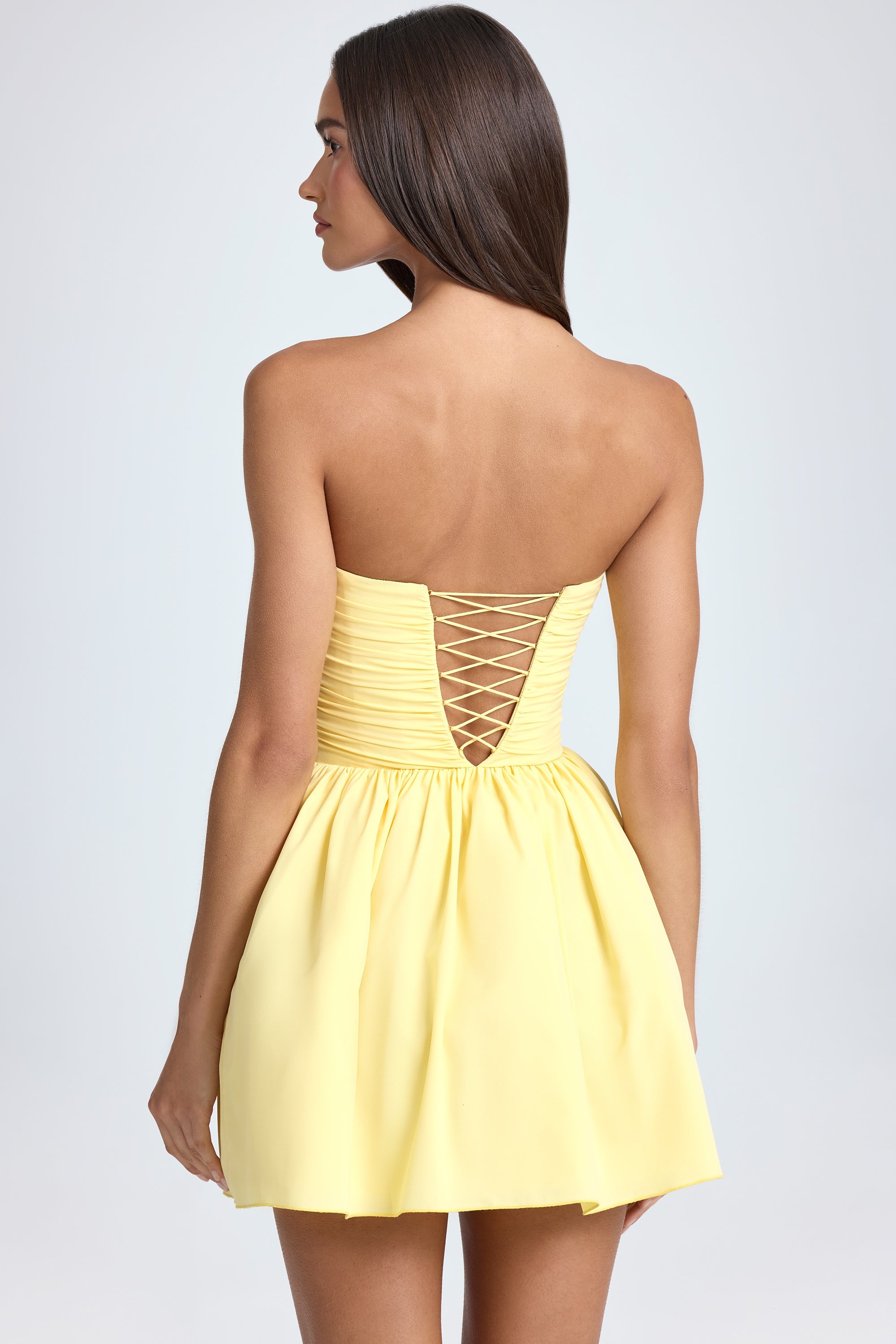 Bandeau Floral-Appliqué Corset Mini Dress in Lemon Sherbet