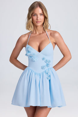 Halterneck Floral-Appliqué Corset Mini Dress in Powder Blue