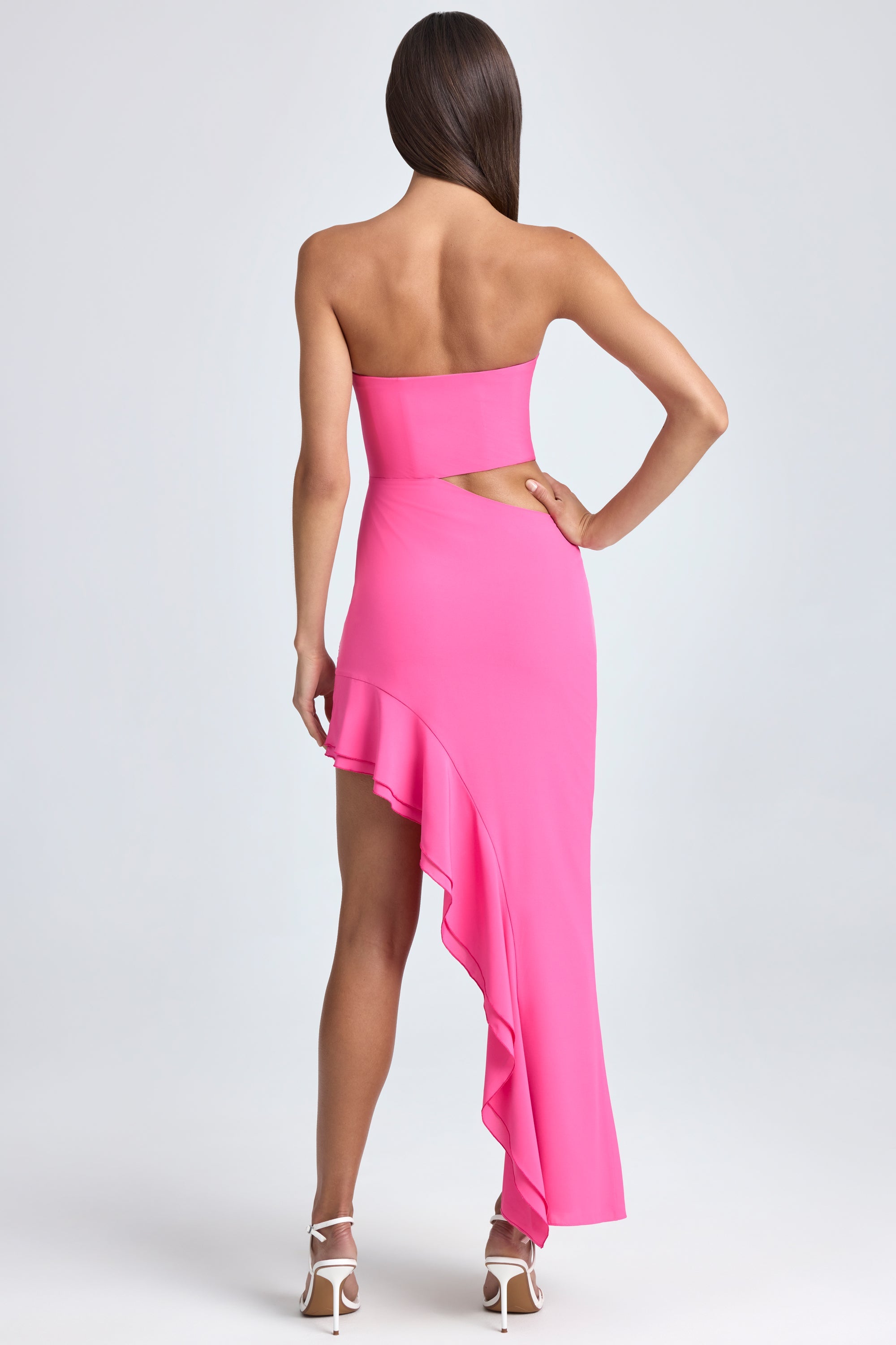 Bandeau Cut-Out Ruffle-Trim Maxi Dress in Lollipop Pink