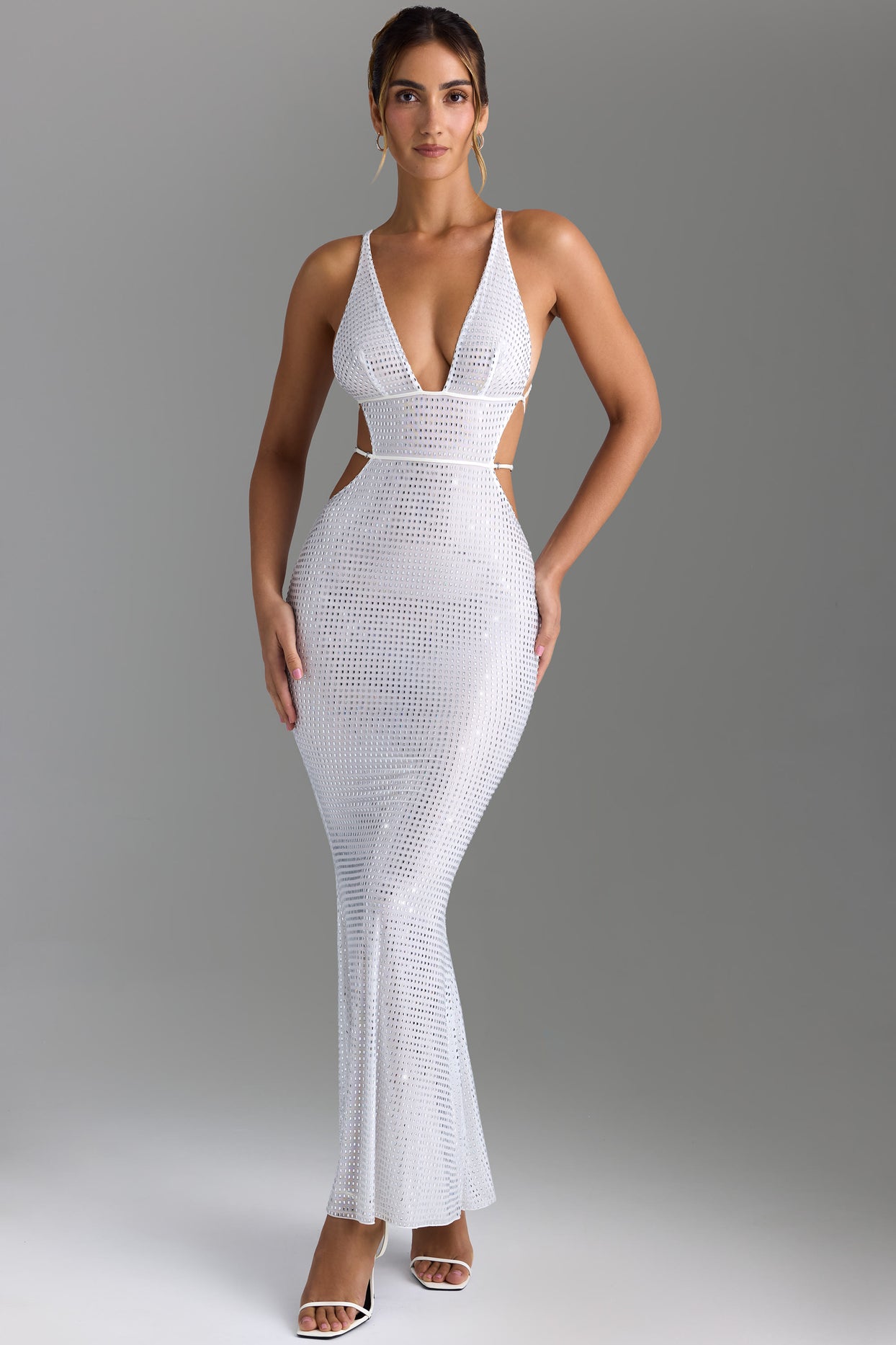 Embellished Cut-Out Backless Maxi Dress in White - 1