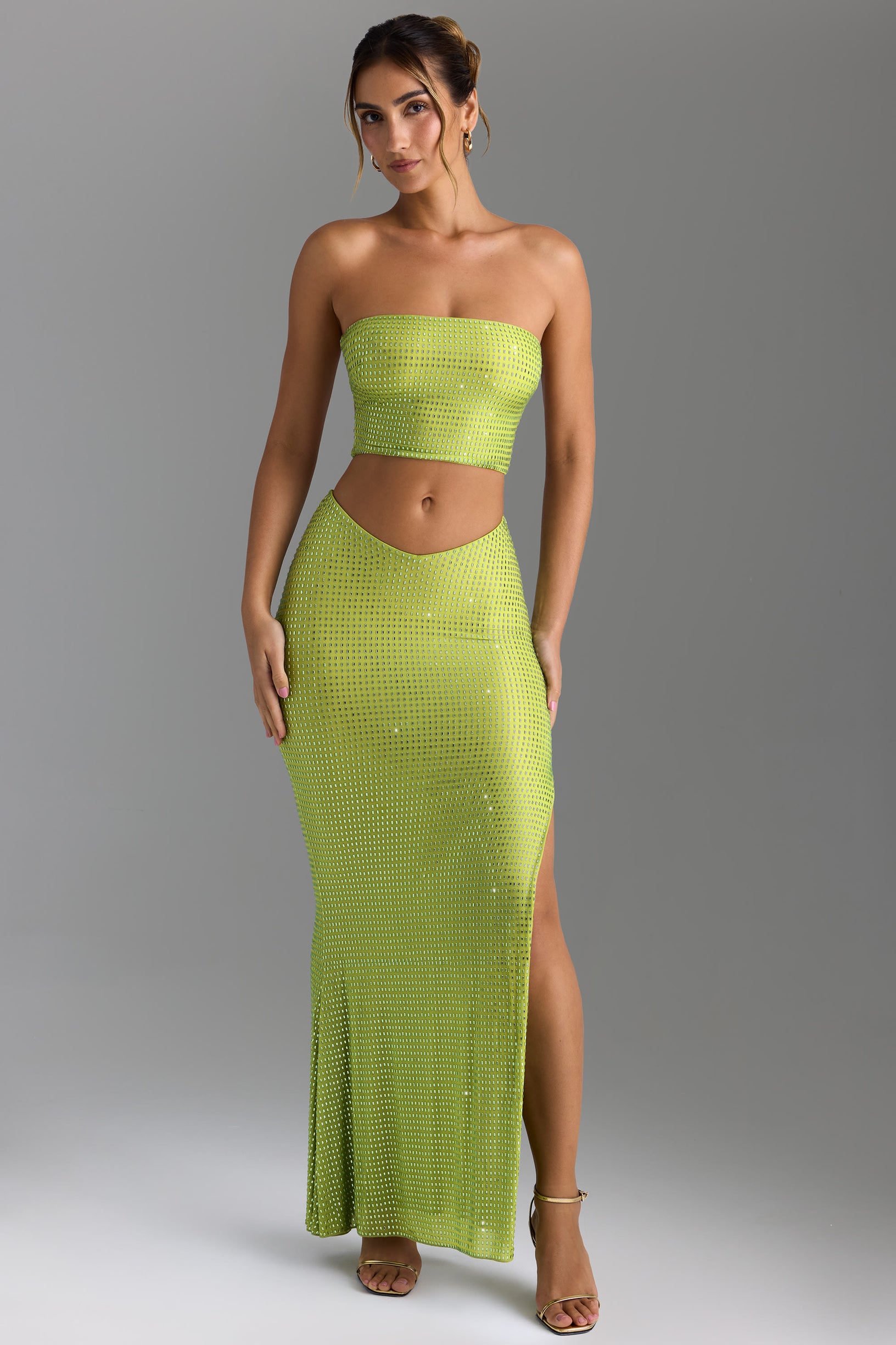 Embellished V-Waist Thigh-Split Maxi Skirt in Pear Green - 1