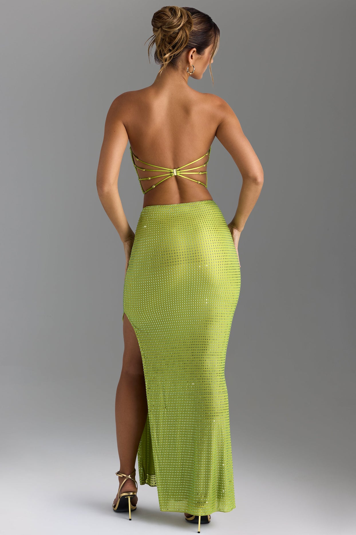 Pelagia Embellished V-Waist Maxi Skirt in Pear Green Oh Polly