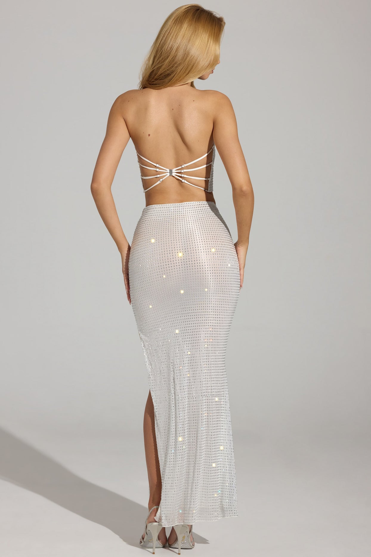 Embellished V-Waist Thigh-Split Maxi Skirt in White - 2