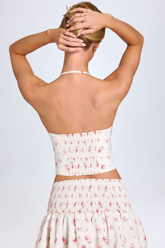 Hook-And-Eye Halterneck Corset Top in Small Rose Print