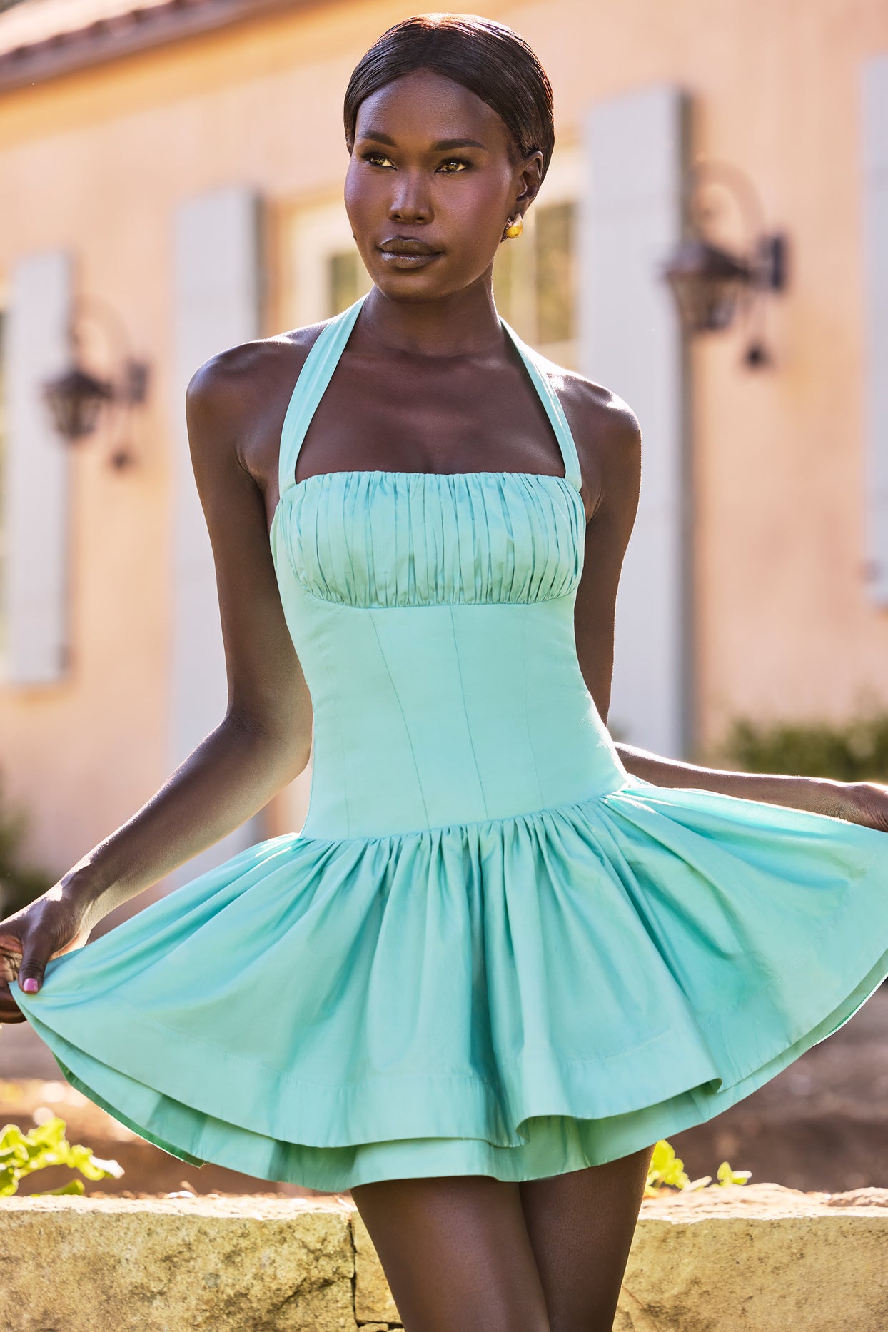 Ruched Halterneck Mini Dress in Sea Green